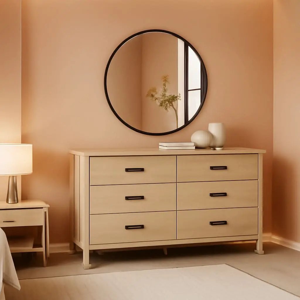 Light Brown Six Drawer Dresser For Bedroom Storage from PriceLows™