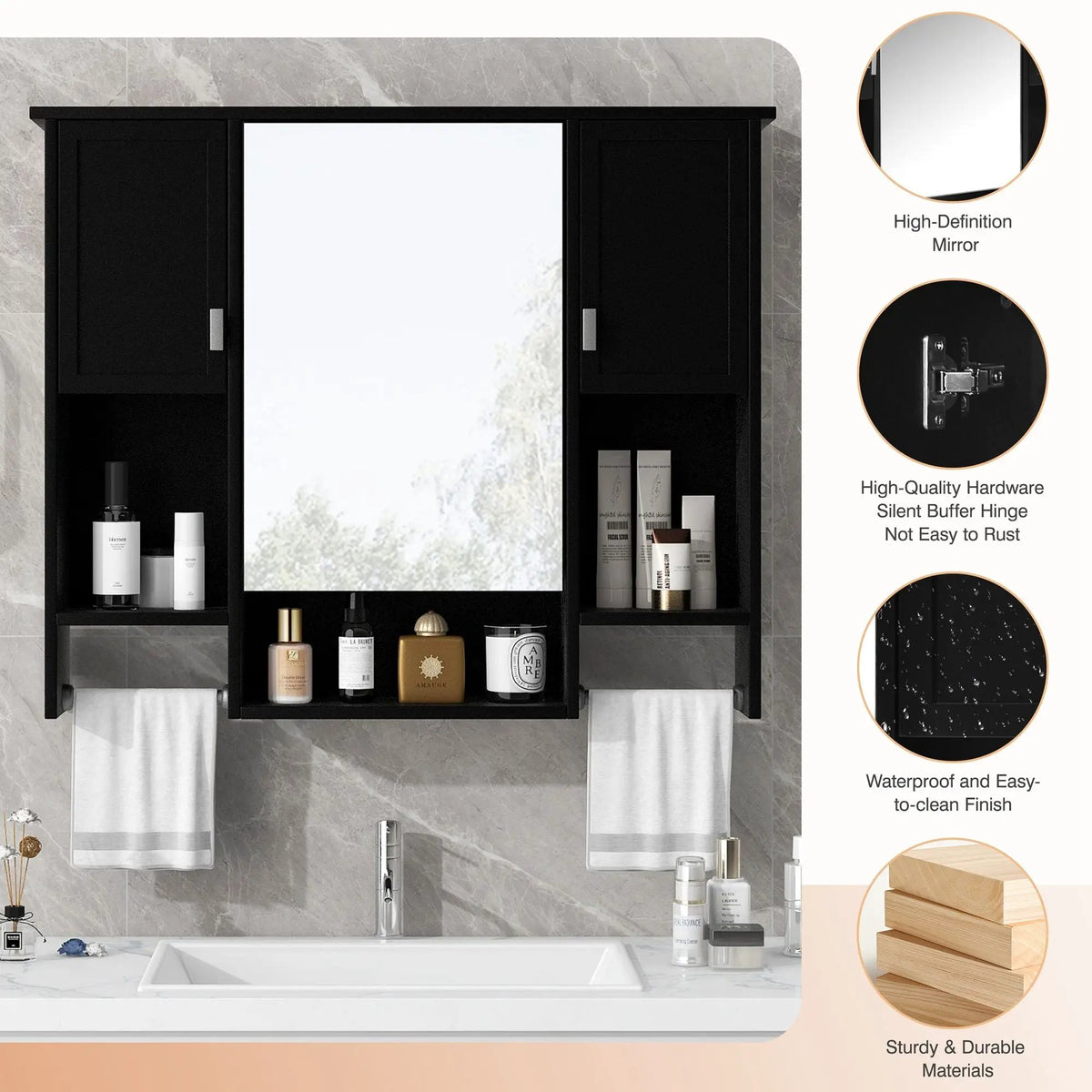 Wall Mounted Bathroom Cabinet With Mirror | Towel Bar | Closed Cabinets And Open Shelves | 35 Inch Width