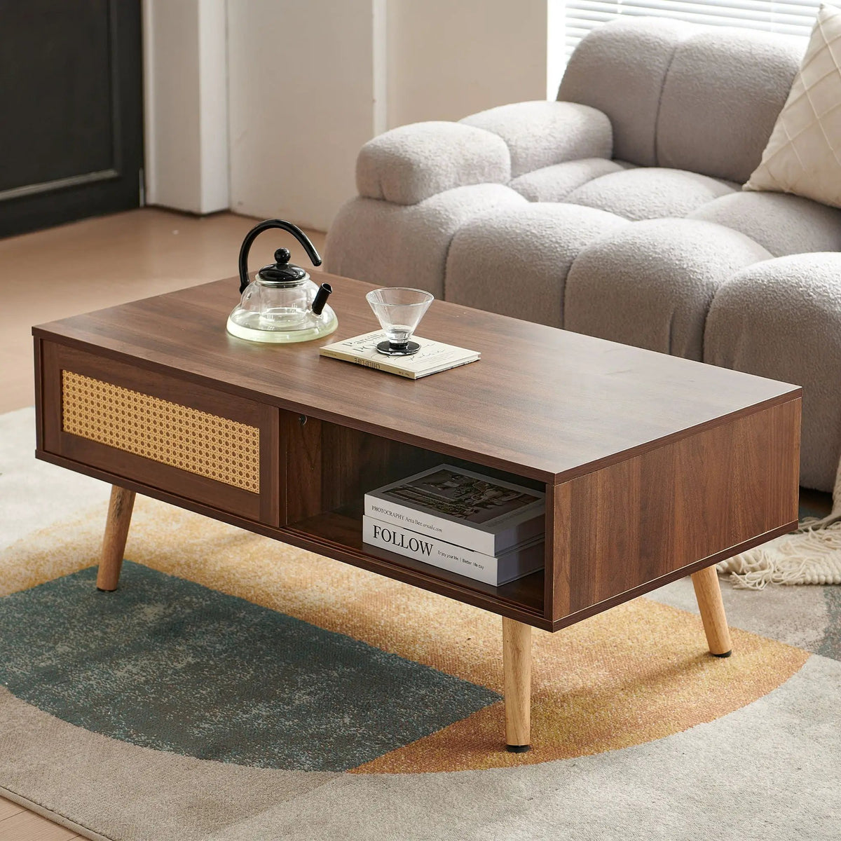Rattan Coffee Table | 41.34 Inch Width | Sliding Storage Door | Solid Wood Legs