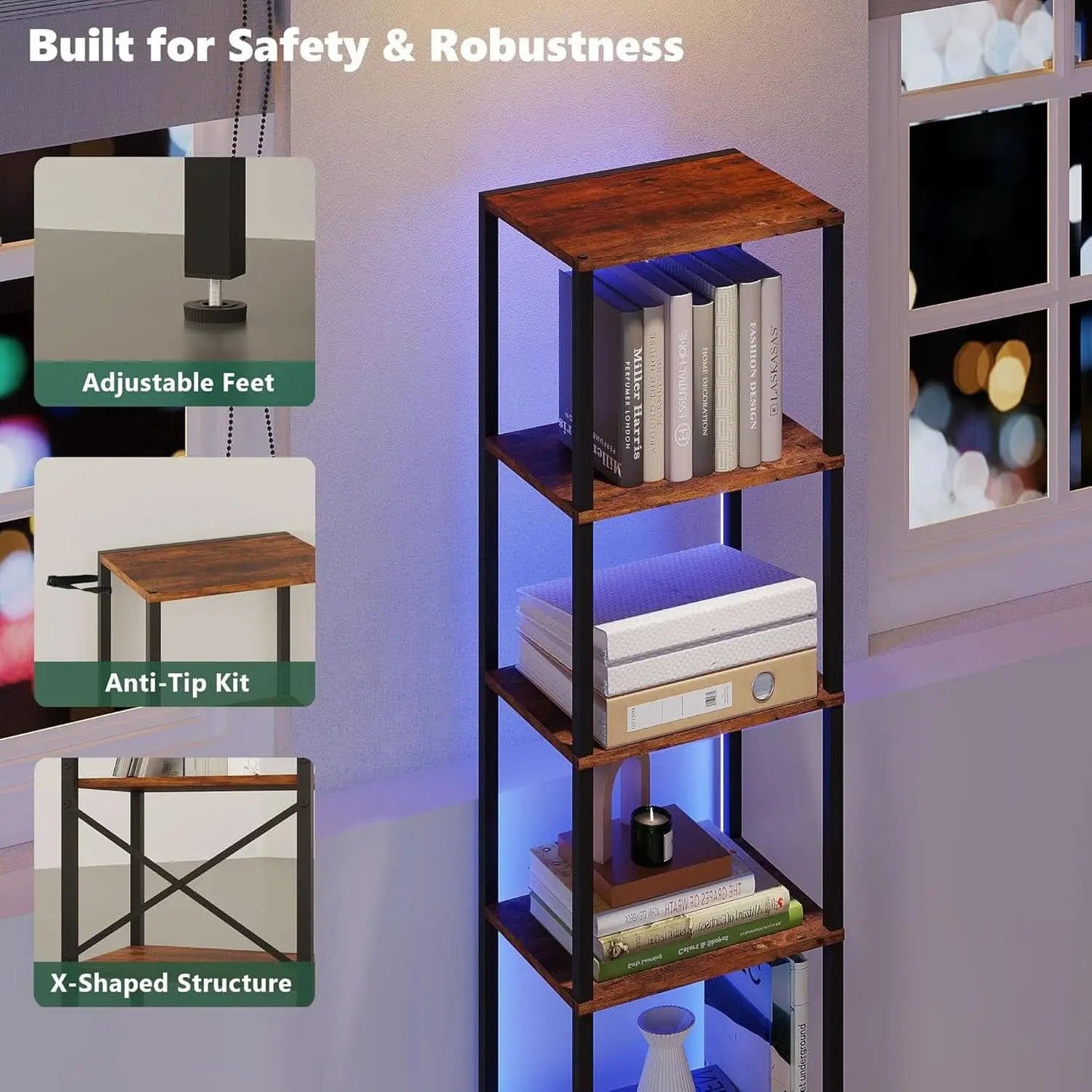 6 Tier Bookshelf With LED Lights In Rustic Brown Living Room from PriceLows™