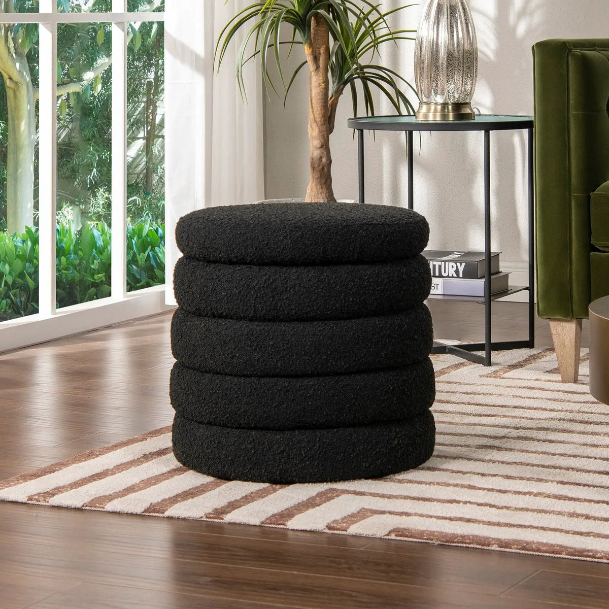 Fuji Oversized Round Storage Ottoman | Kiln-Dried Birchwood | Handmade Craftsmanship | 19 Inch Height