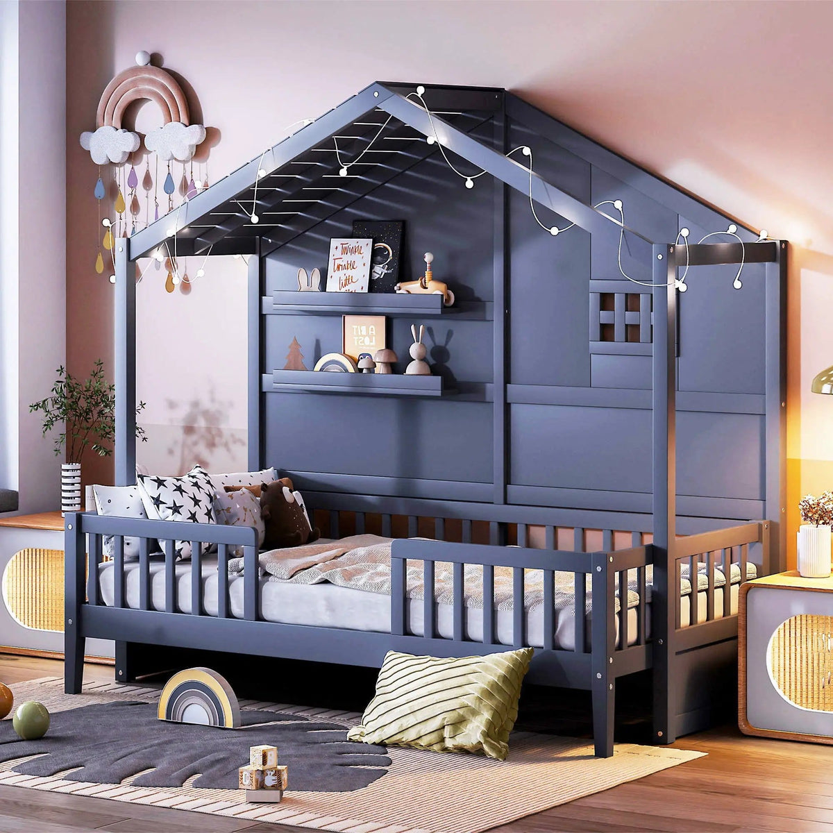 House Bed With Shelves, Window And Sparkling Light Strip On The Roof | 2 Pieces | Bedroom Furniture | Bedroom