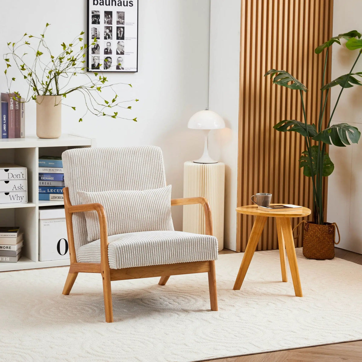 Upholstered Accent Arm Chair | Rubberwood Frame | Removable Pillow | Natural Texture
