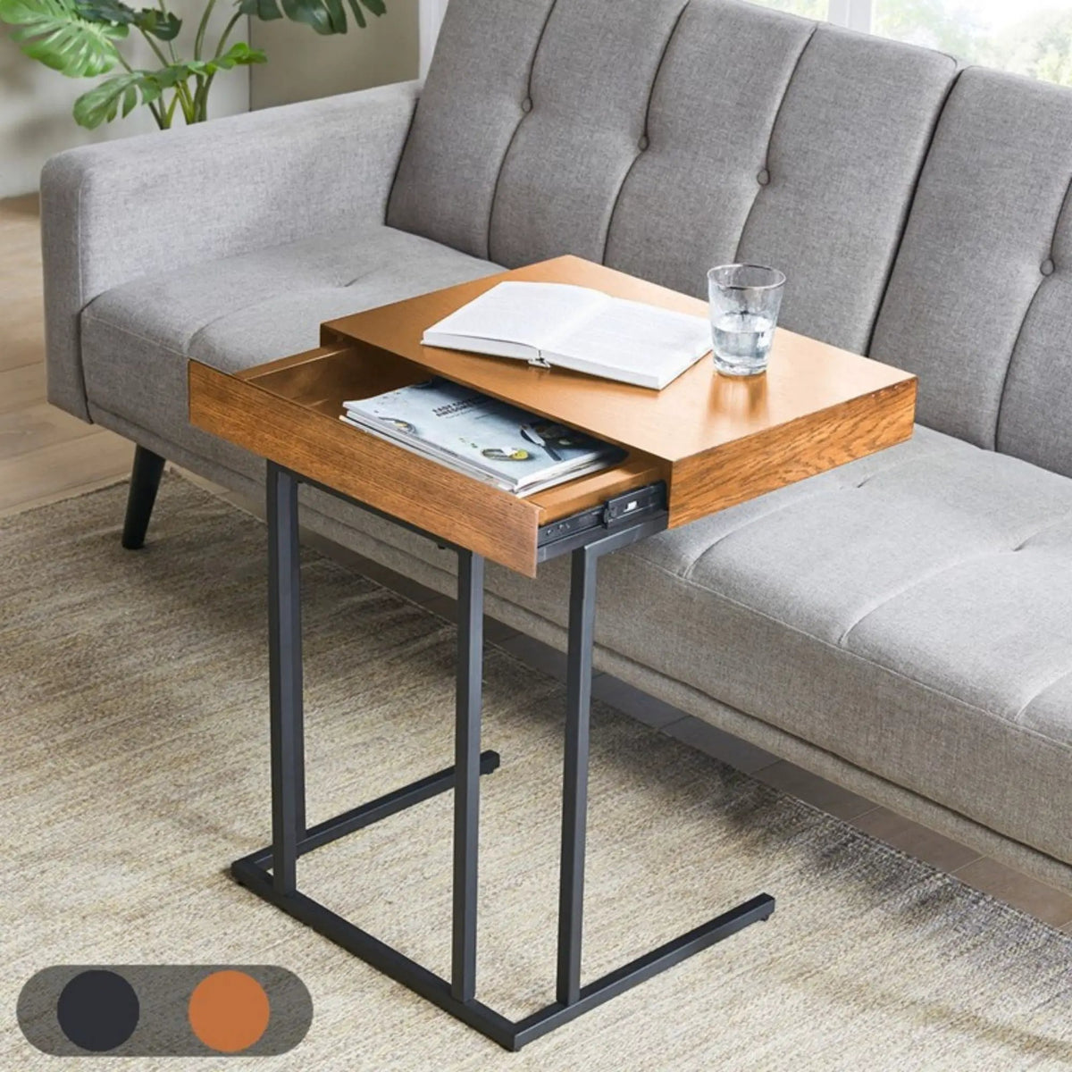 Wynn Pull Up Table | Pecan Finish | Storage Compartment | Metal Base