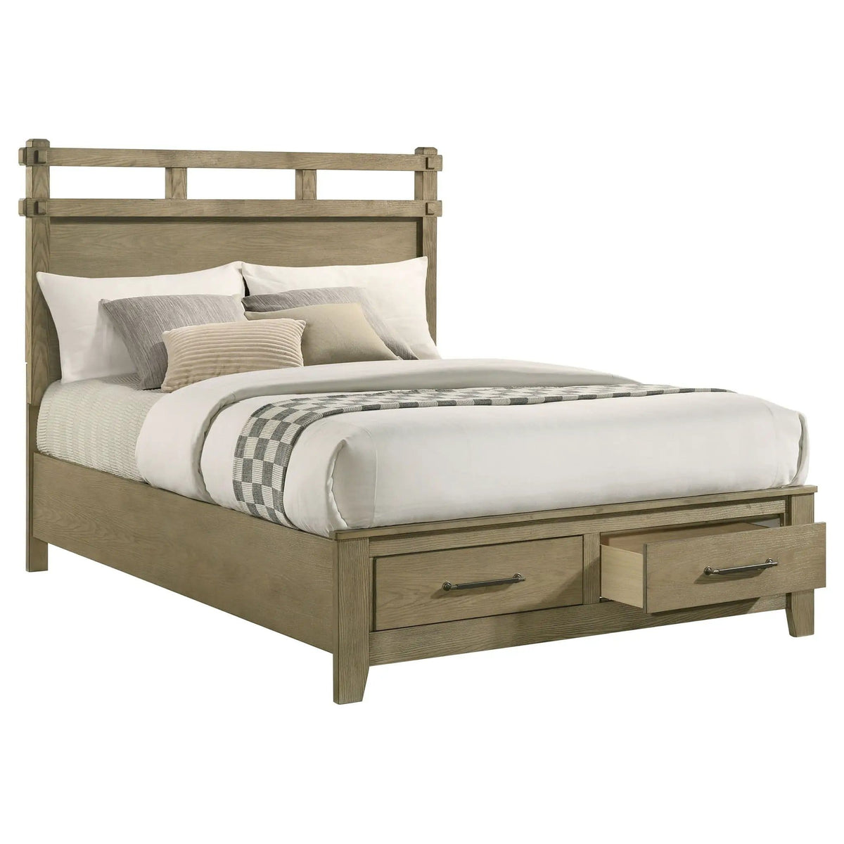 Hazlewood 59-inch Queen Panel Storage Bed Vineyard | 65.5 x 84 x 59 in | Rubberwood & Engineered Wood | Oak