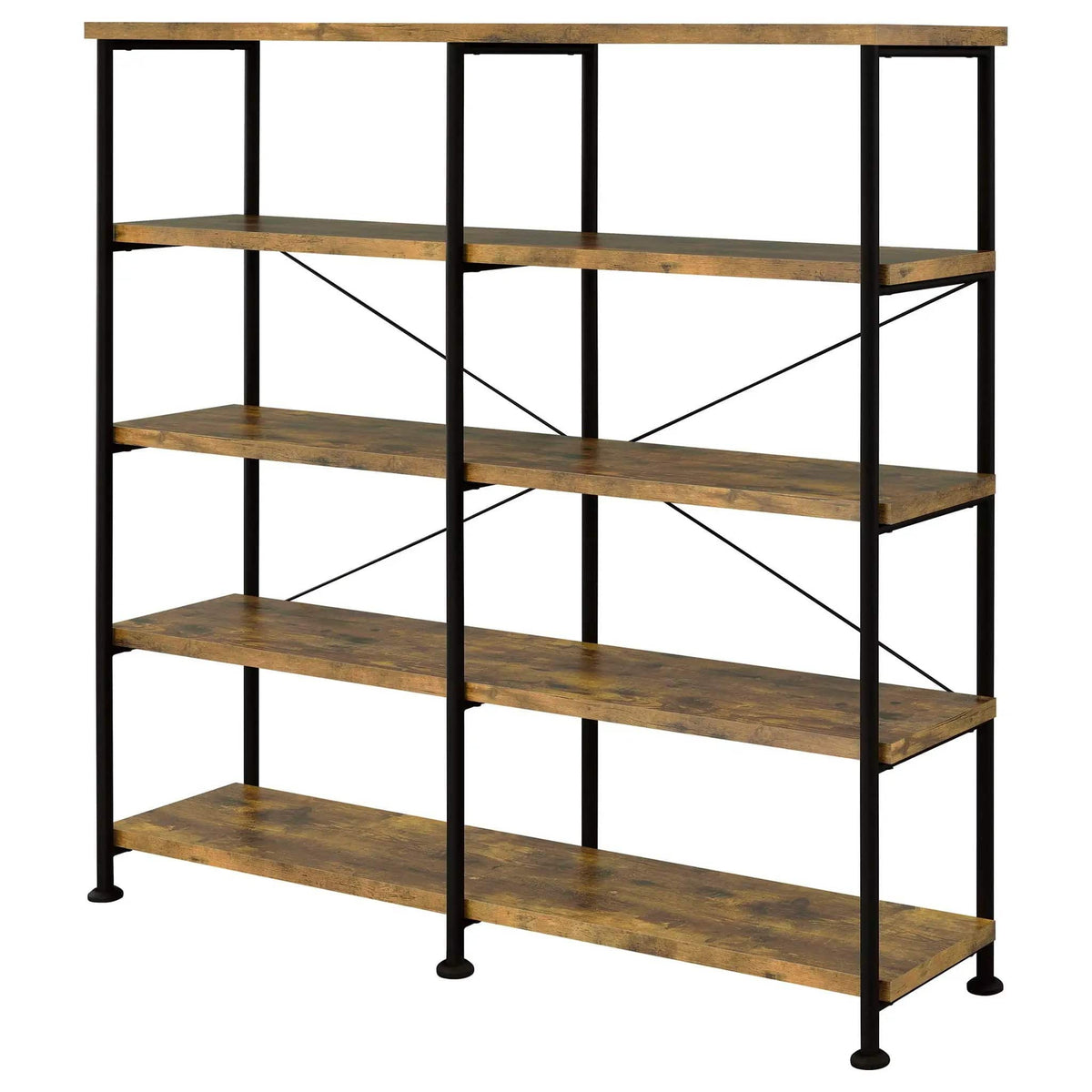 Analiese 63-inch 4-shelf Double Bookshelf Rustic Nutmeg Standard Bookcase | 60 x 14.25 x 63 in | Engineered Wood & Metal | Home Office