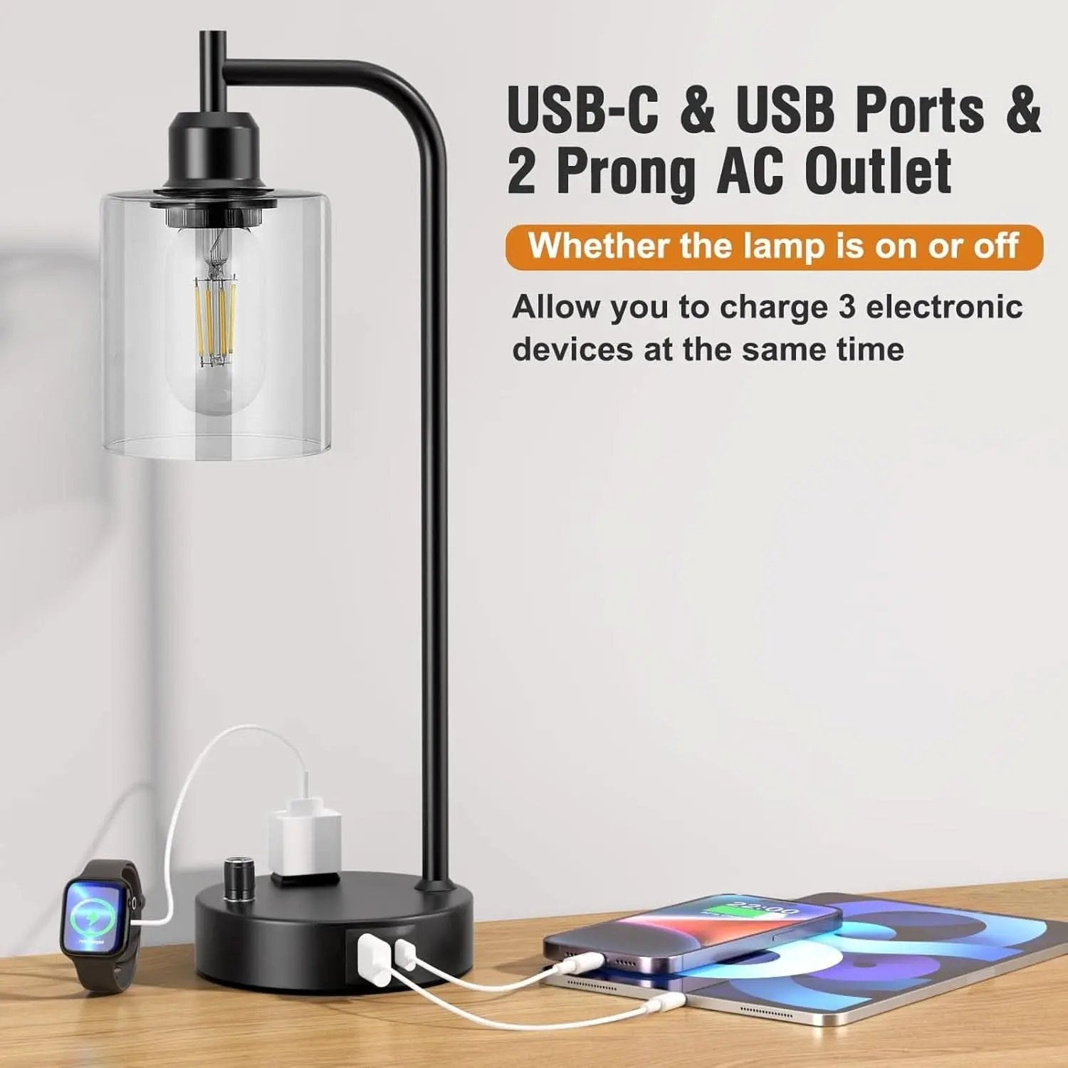 Industrial Nightstand Lamps Set of 2 Dimmable USB C Ports from PriceLows™