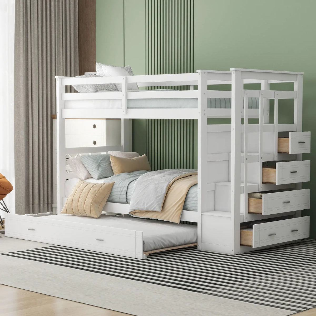 Twin Over Twin Bunk Bed | Trundle And Staircase | Multifunctional Storage Stairs | White