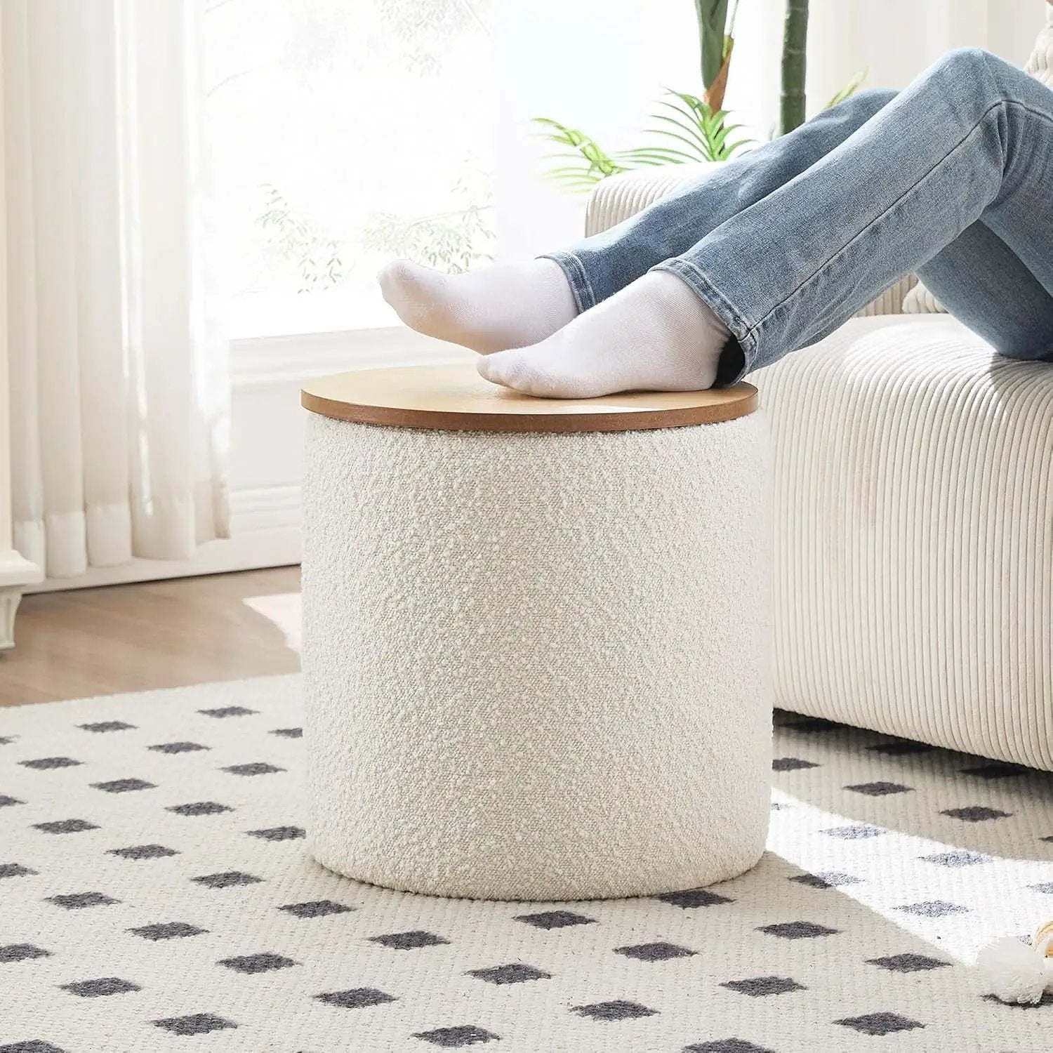 Circular Storage Ottoman Sixteen Inch White Boucle from PriceLows™