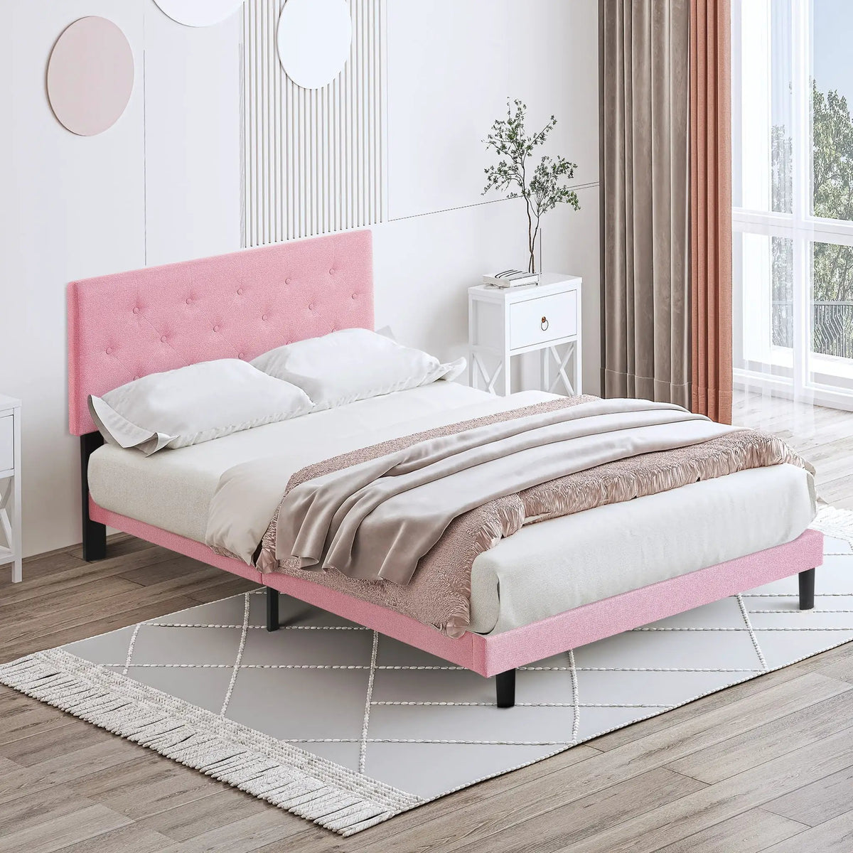 Platform Bed Frame | Button Tufted Headboard | Box Spring Free