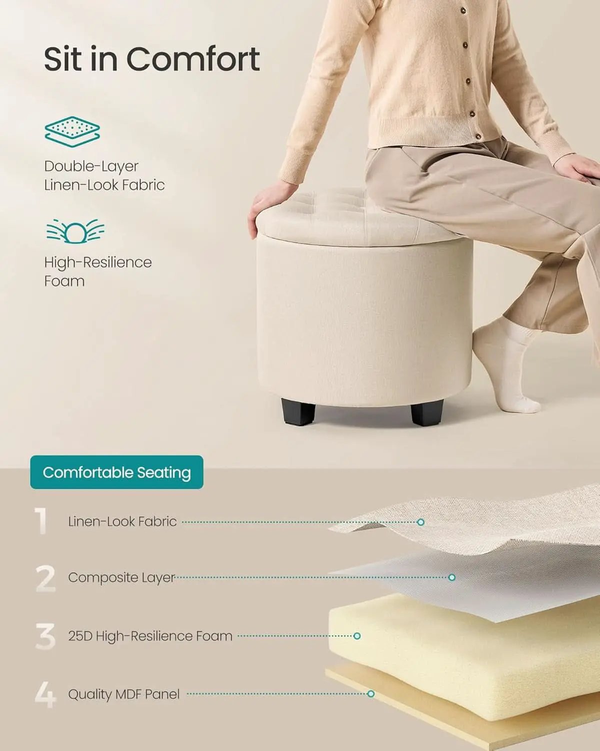 Round Ottoman With Durable Storage Linen-Look Beige from PriceLows™