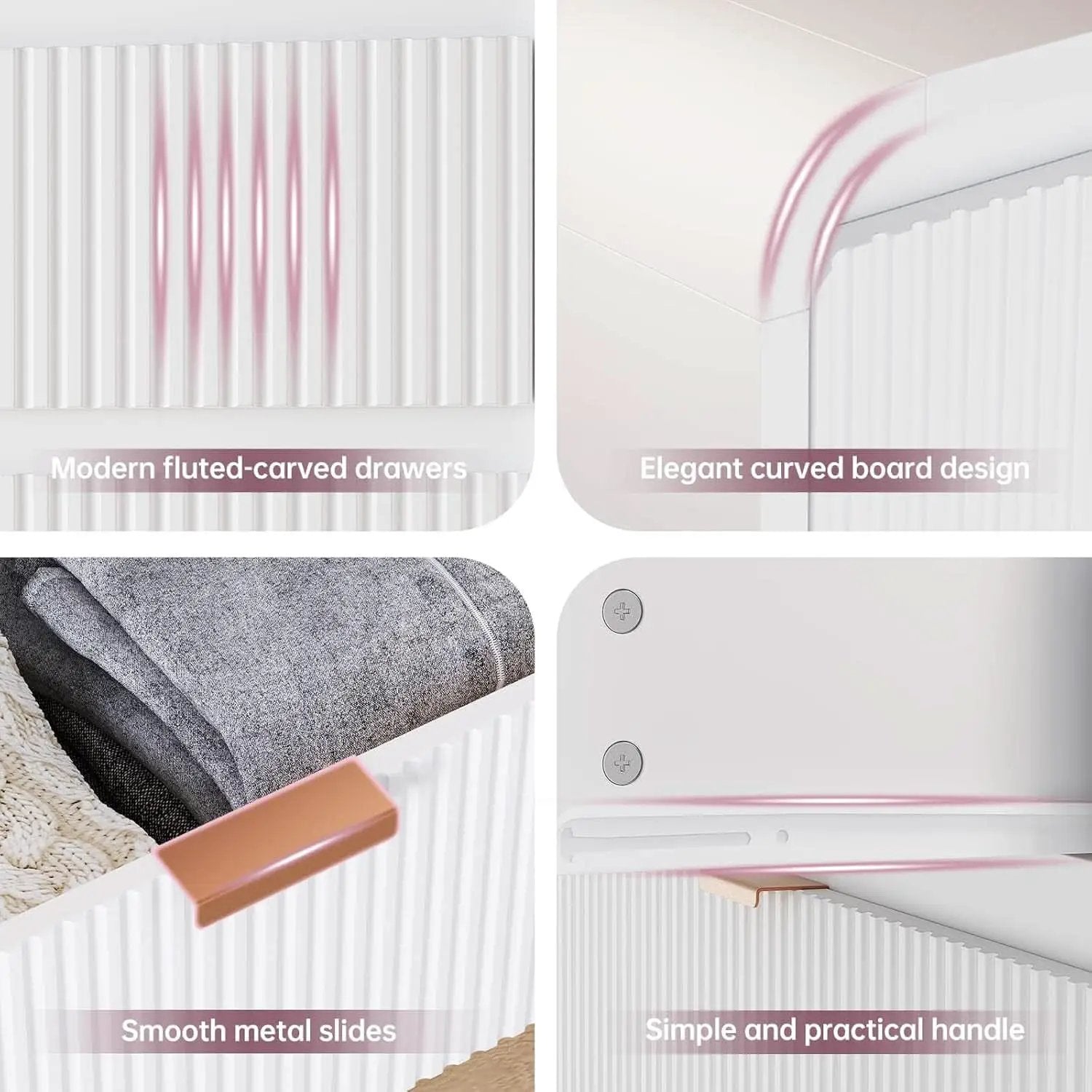 Fluted 6 Drawer Dresser 54 Inch White Solid Wood Storage from PriceLows™