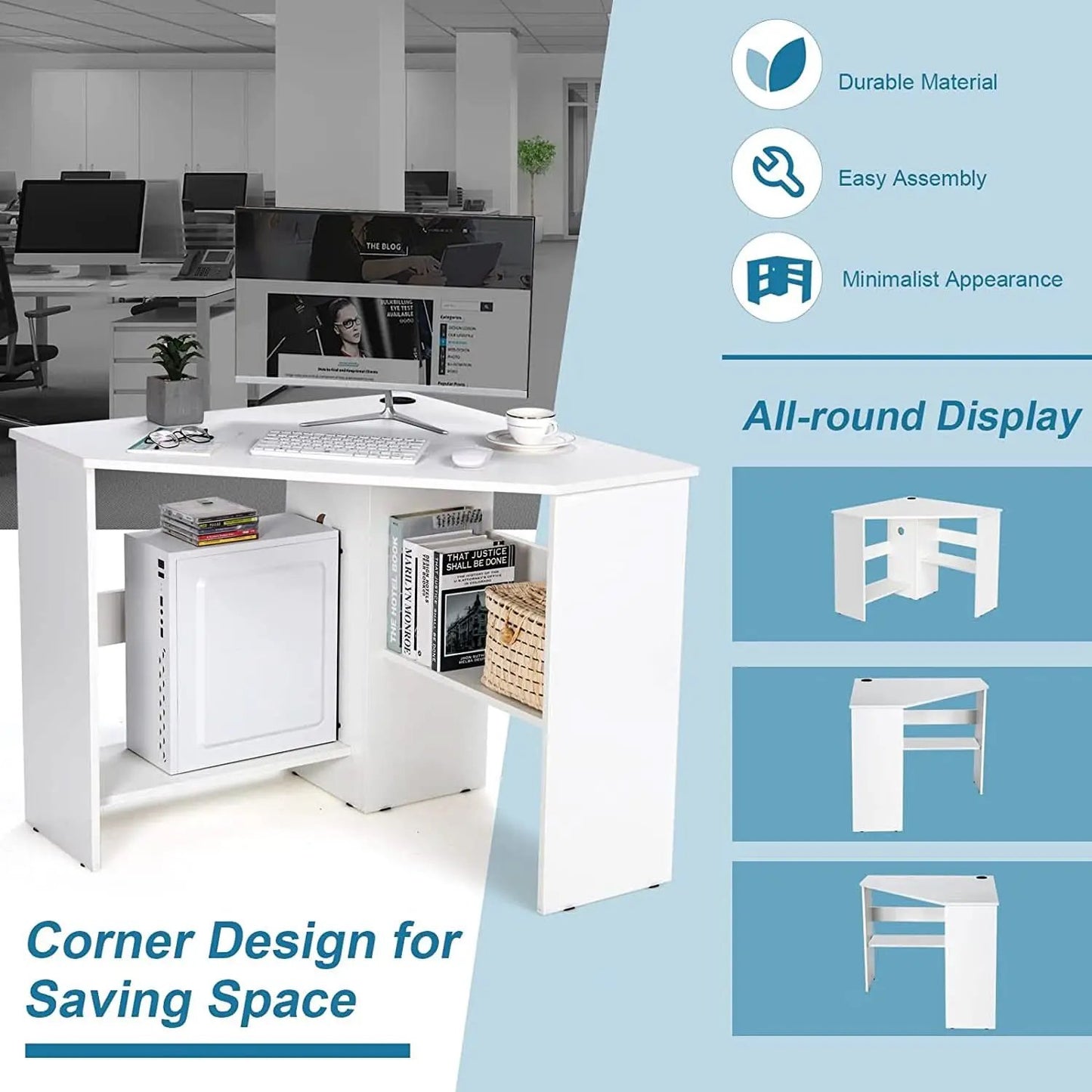 Compact White Corner Desk With Storage Shelves For Home Office from PriceLows™