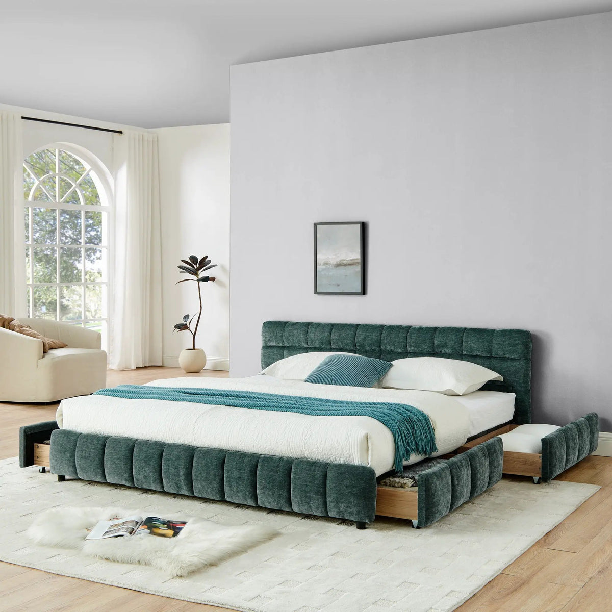 Modern Platform Storage Bed Frame | Thick Fabric Upholstery | Soft Headboard | Solid Construction