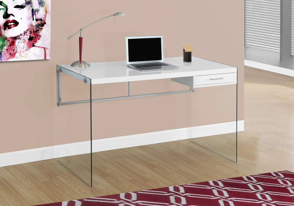 Contemporary Computer Desk | Tempered Glass Frame | Storage Drawers | 48 Inch Length