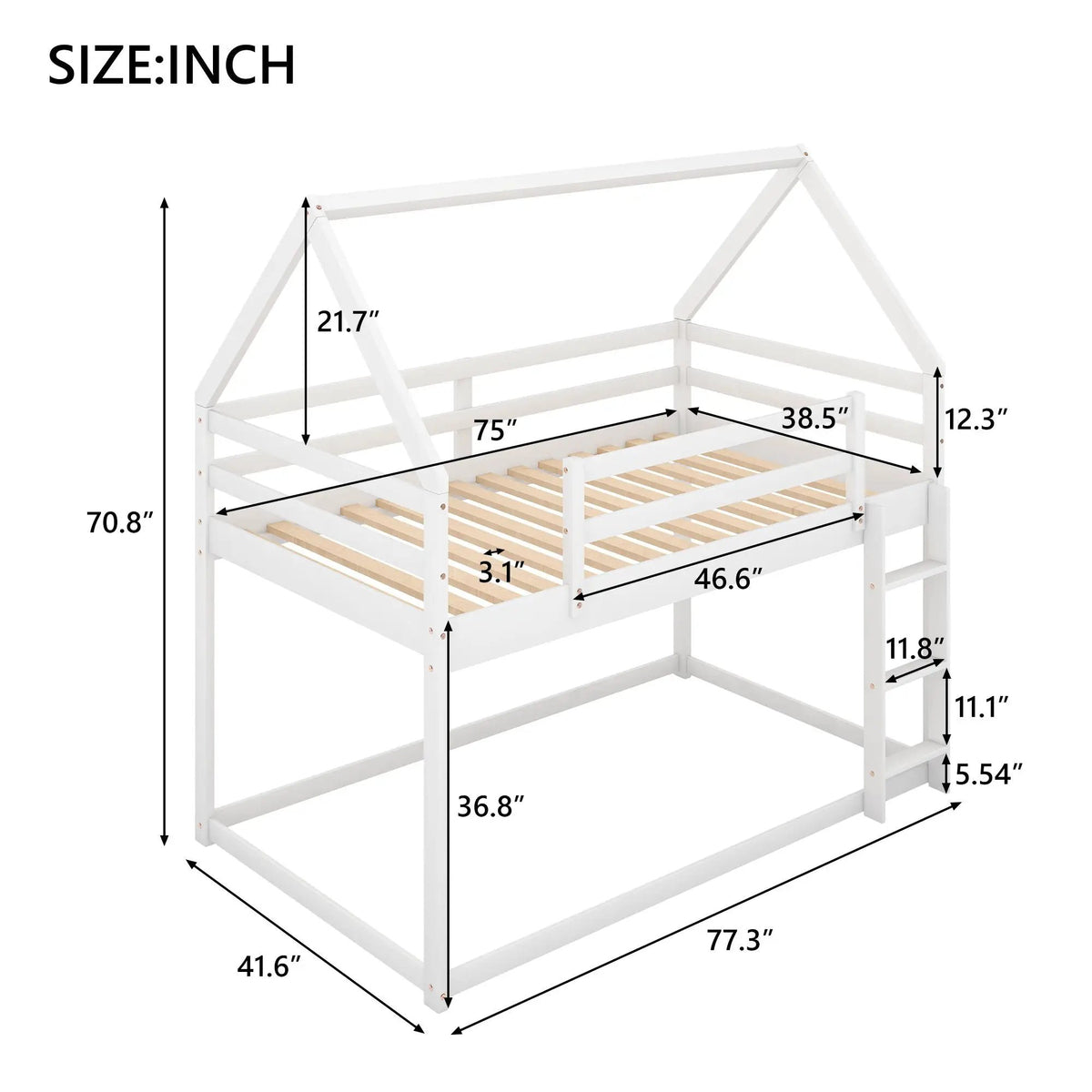 Low Bunk Bed | House-Shaped Frame | Ladder Included | Pine Wood Construction