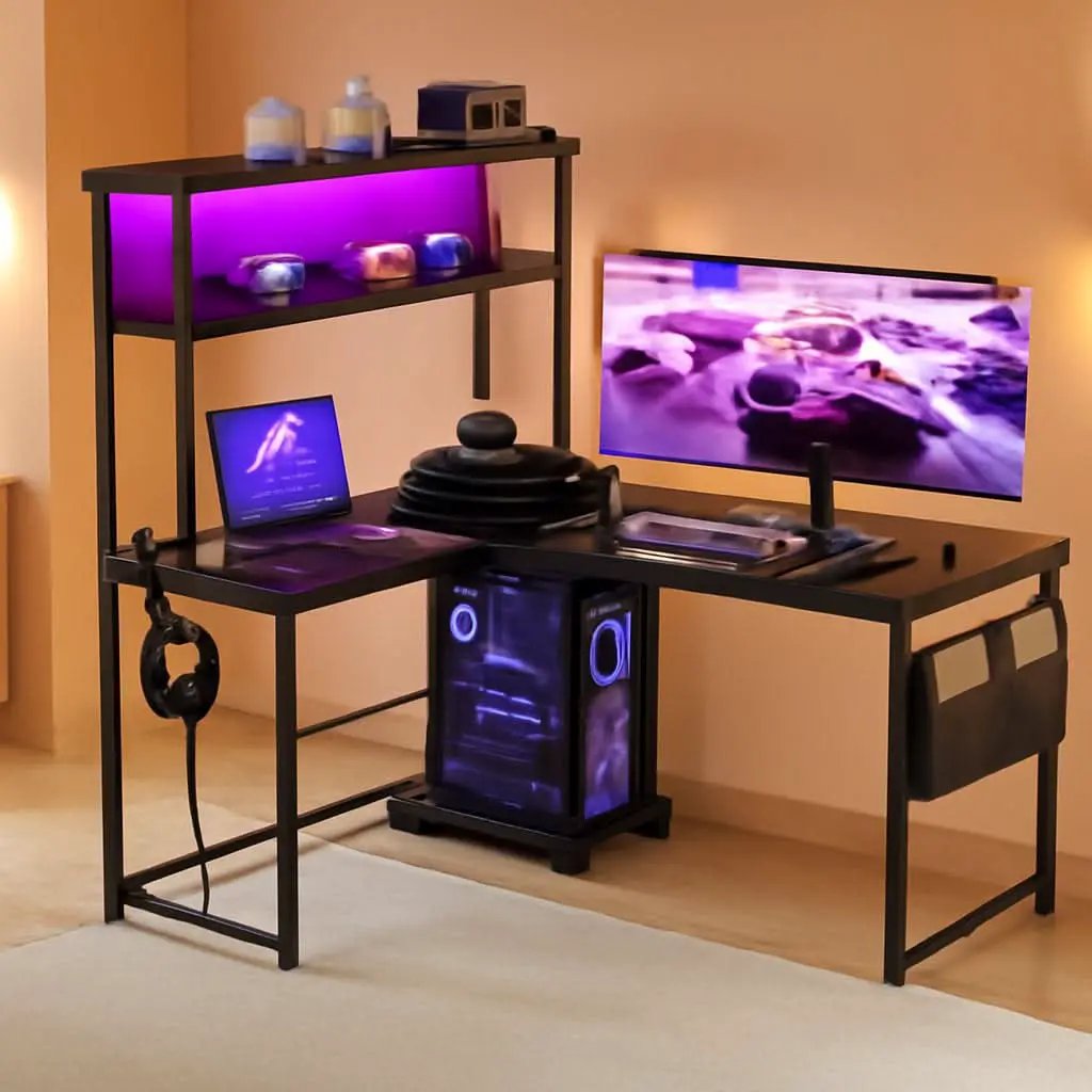 L Shaped Gaming Desk With LED Lights And Power Outlets from PriceLows™