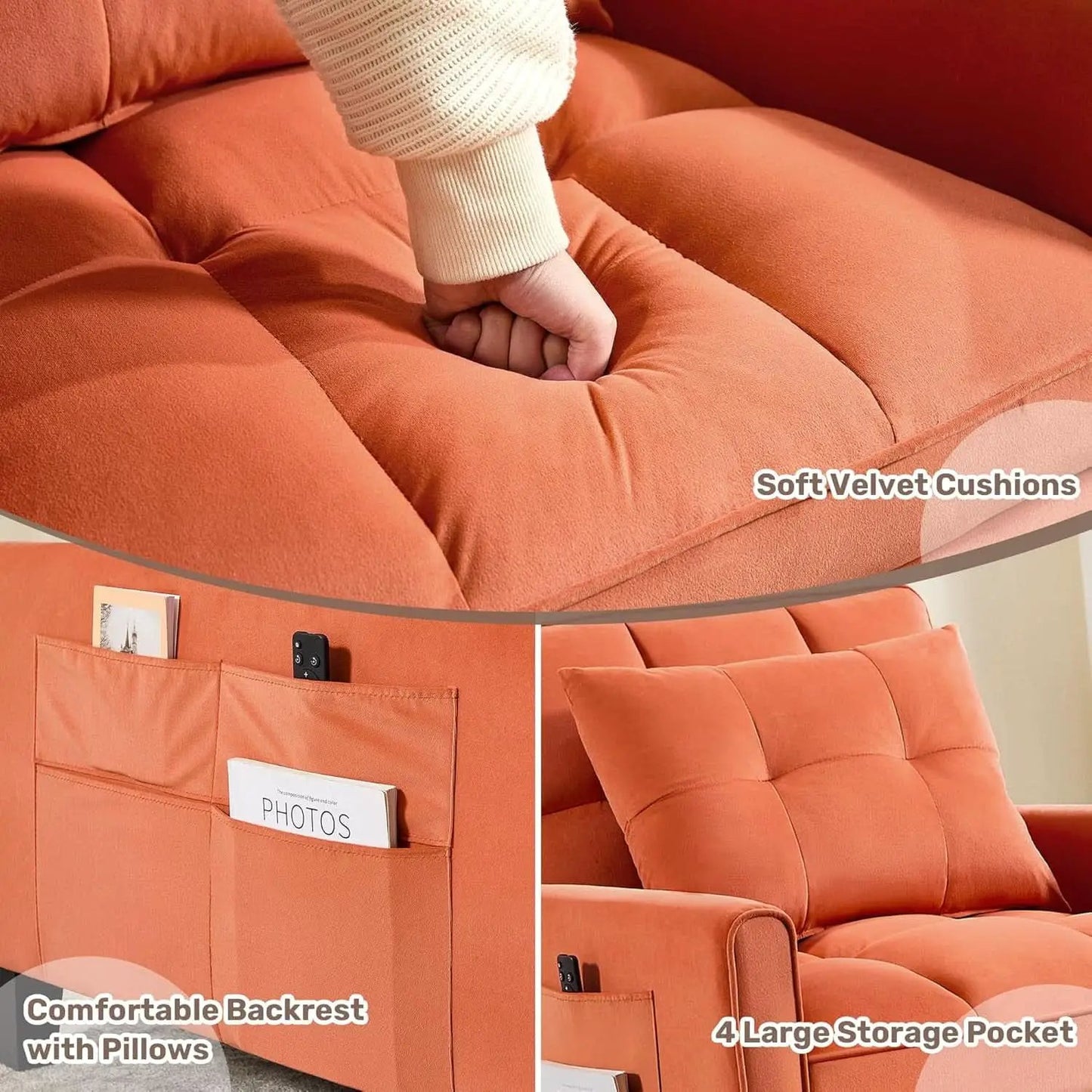 Three In One Velvet Orange Convertible Sleeper Chair from PriceLows™