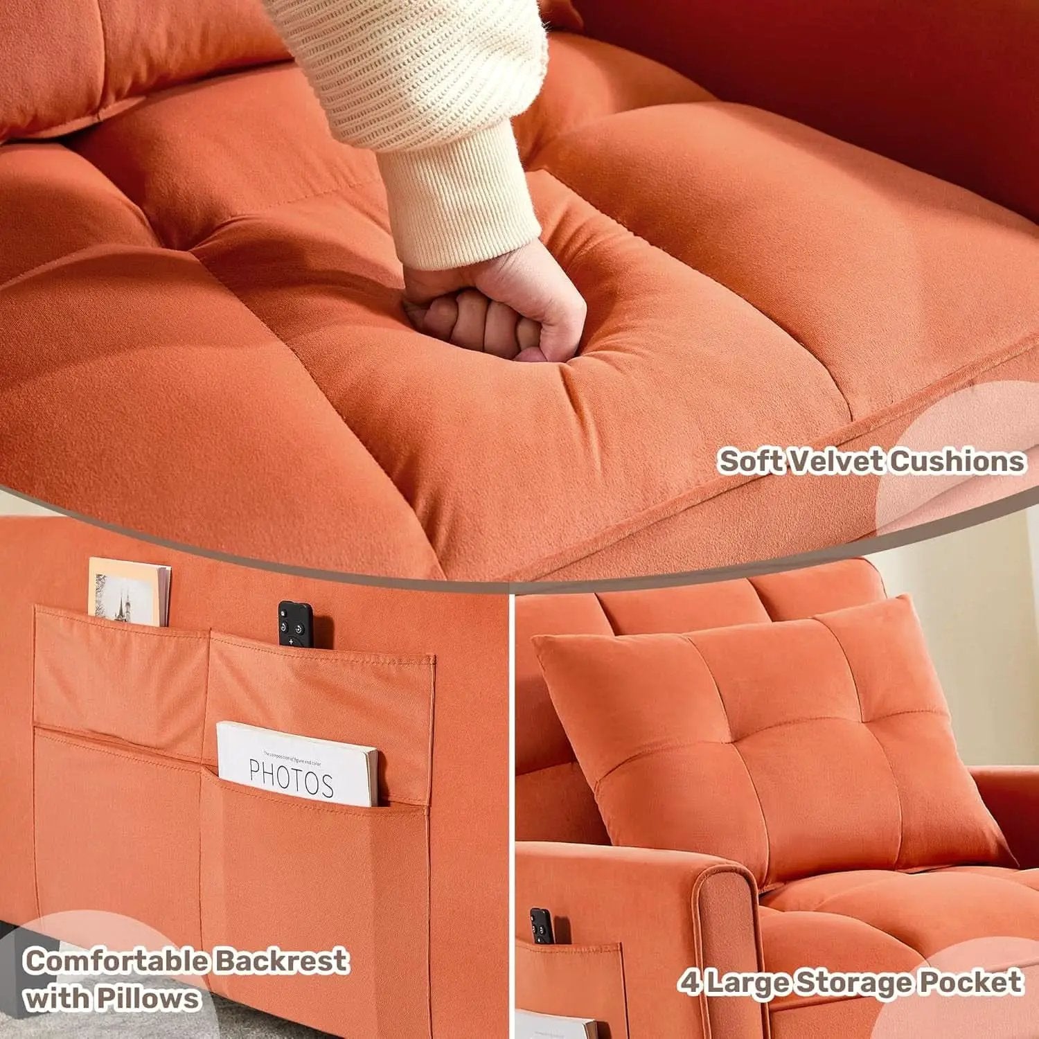 Three In One Velvet Orange Convertible Sleeper Chair from PriceLows™