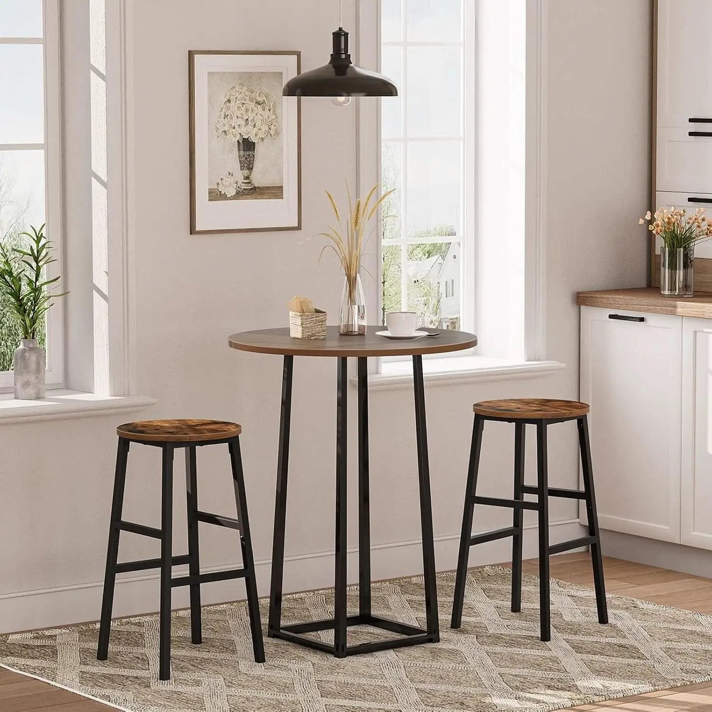 Round Bar Stools Set of 2 With Footrest 24.4 Inch Industrial Rustic Brown from PriceLows™