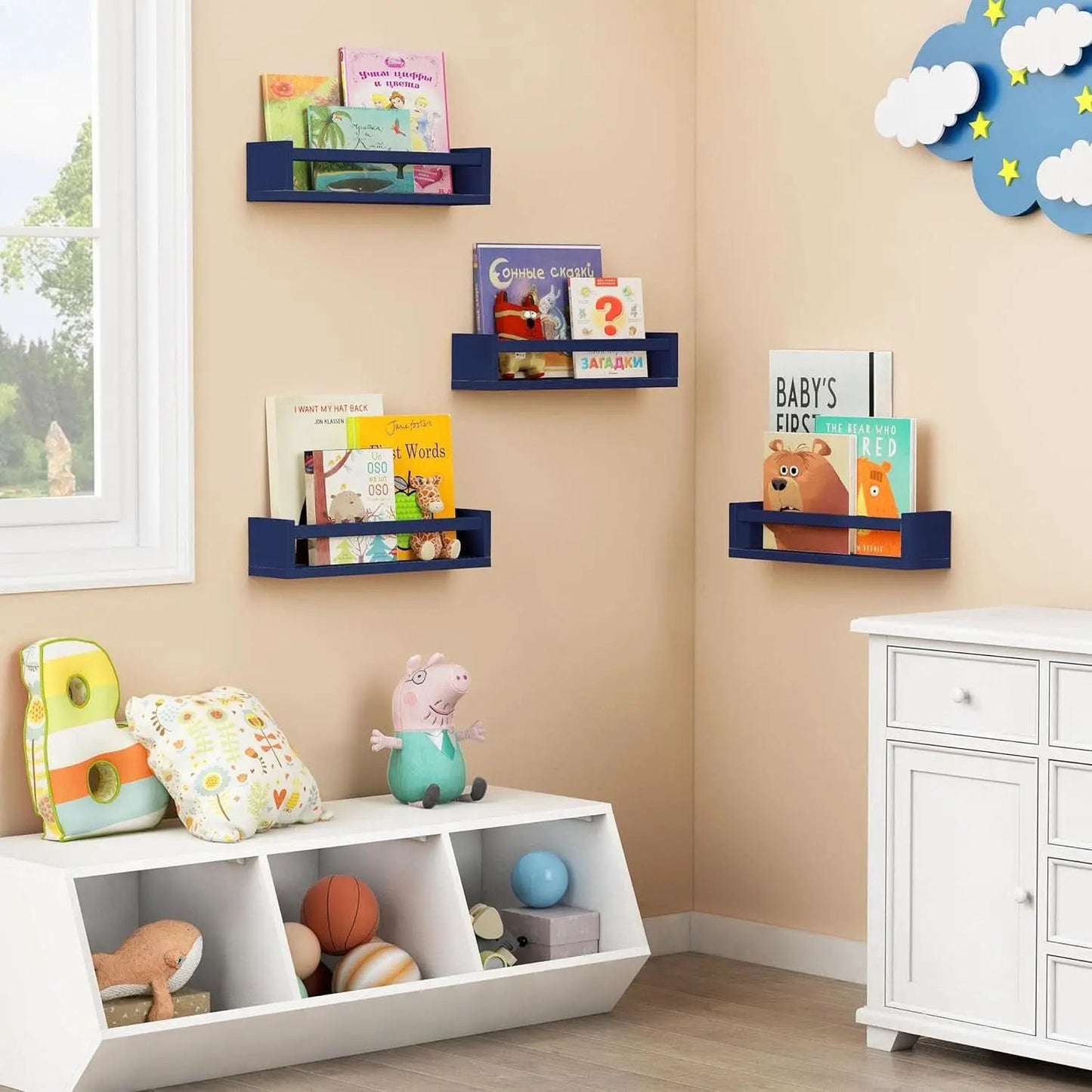 Navy Blue Floating Book Shelves Set of 4 Wall Mounted from PriceLows™
