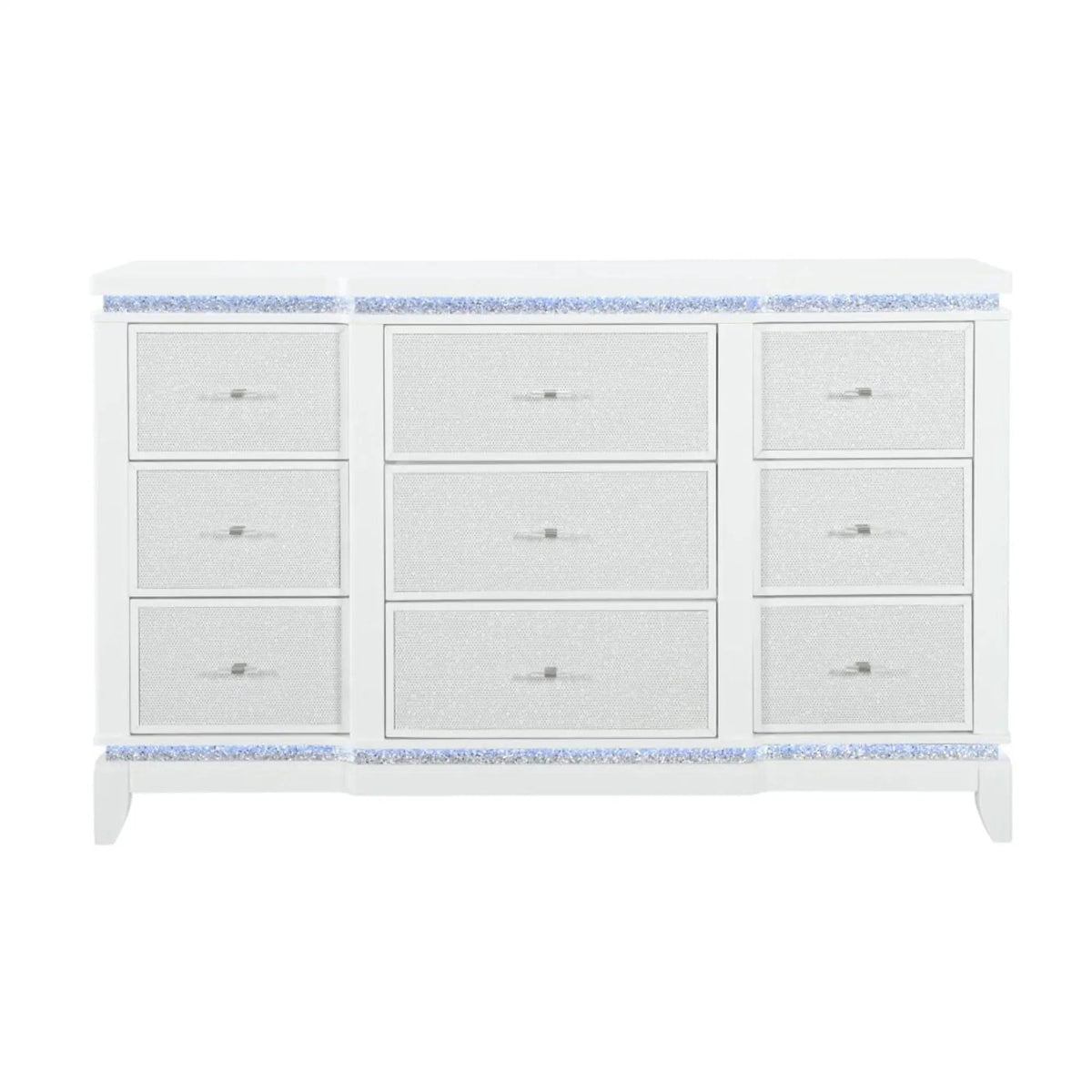 Adalid Dresser With LED Light And Glittered Drawer Fronts | 62 x 17.5 x 38.94 in | Solid Wood & Mdf | White