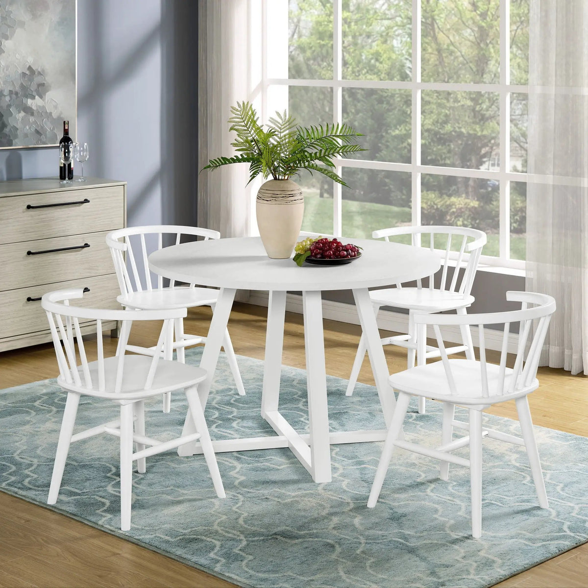 Edo Trestle Dining Table Set | 5-Piece | 4 White Windsor Chairs | Melamine Tabletop
