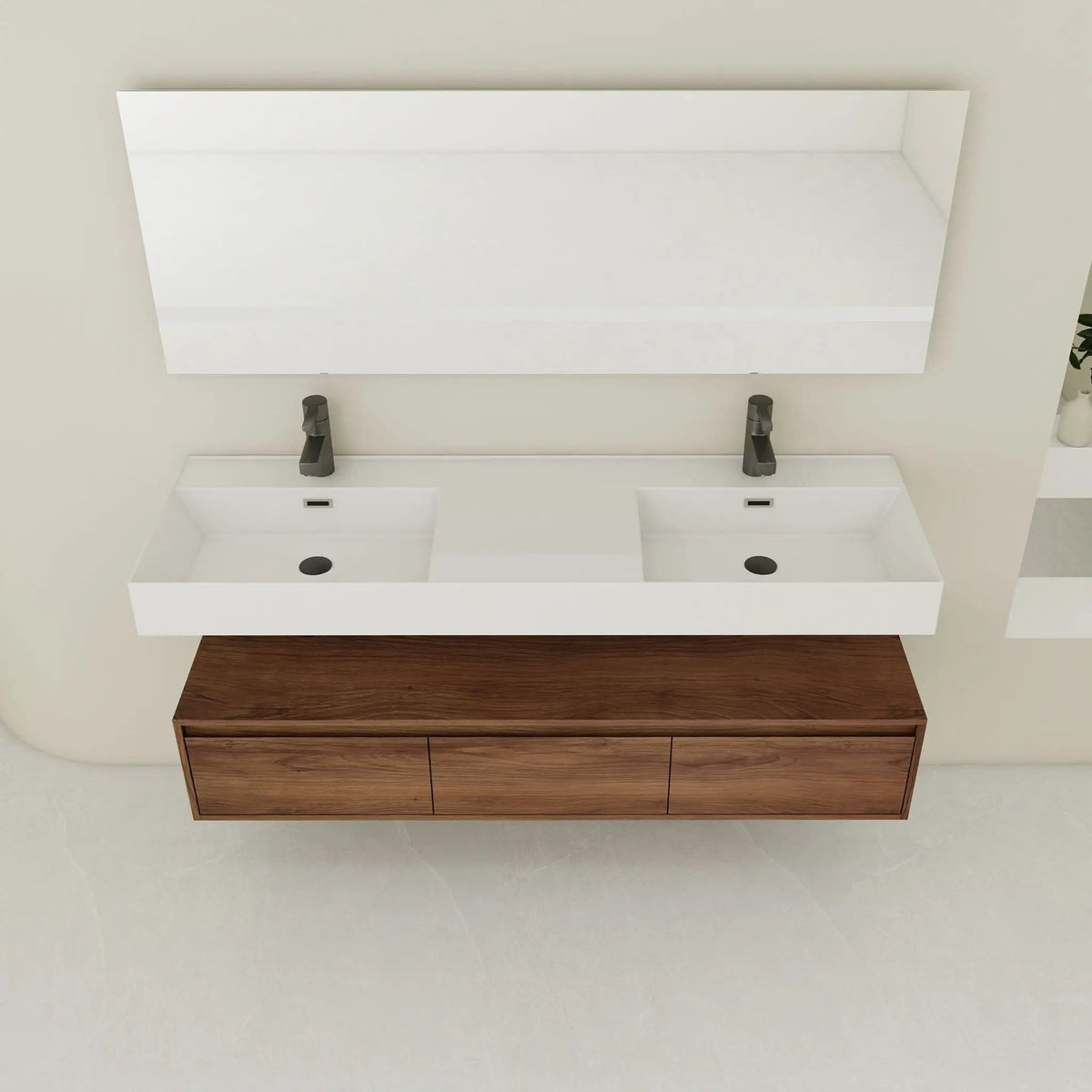 Contemporary Wall Mounted Bathroom Vanity With Dual Resin Sink And Soft Close Drawer | 2 Pieces | Plywood & Resin | Bathroom