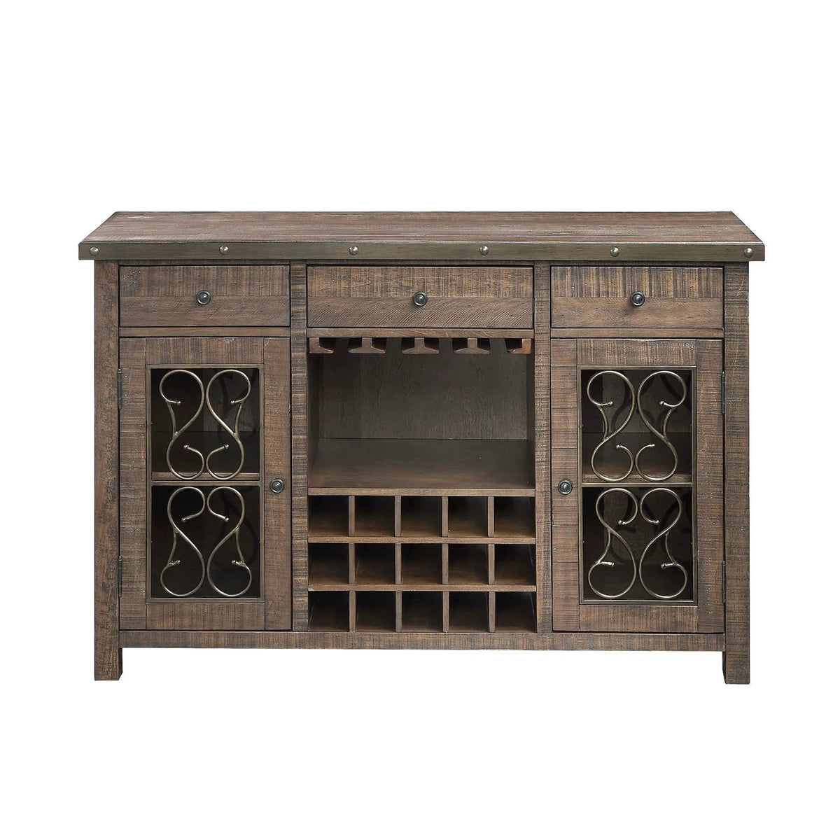 Raphaela Server With Cup Holder & Wine Rack | 18 x 56 x 36 in | Metal | Cherry
