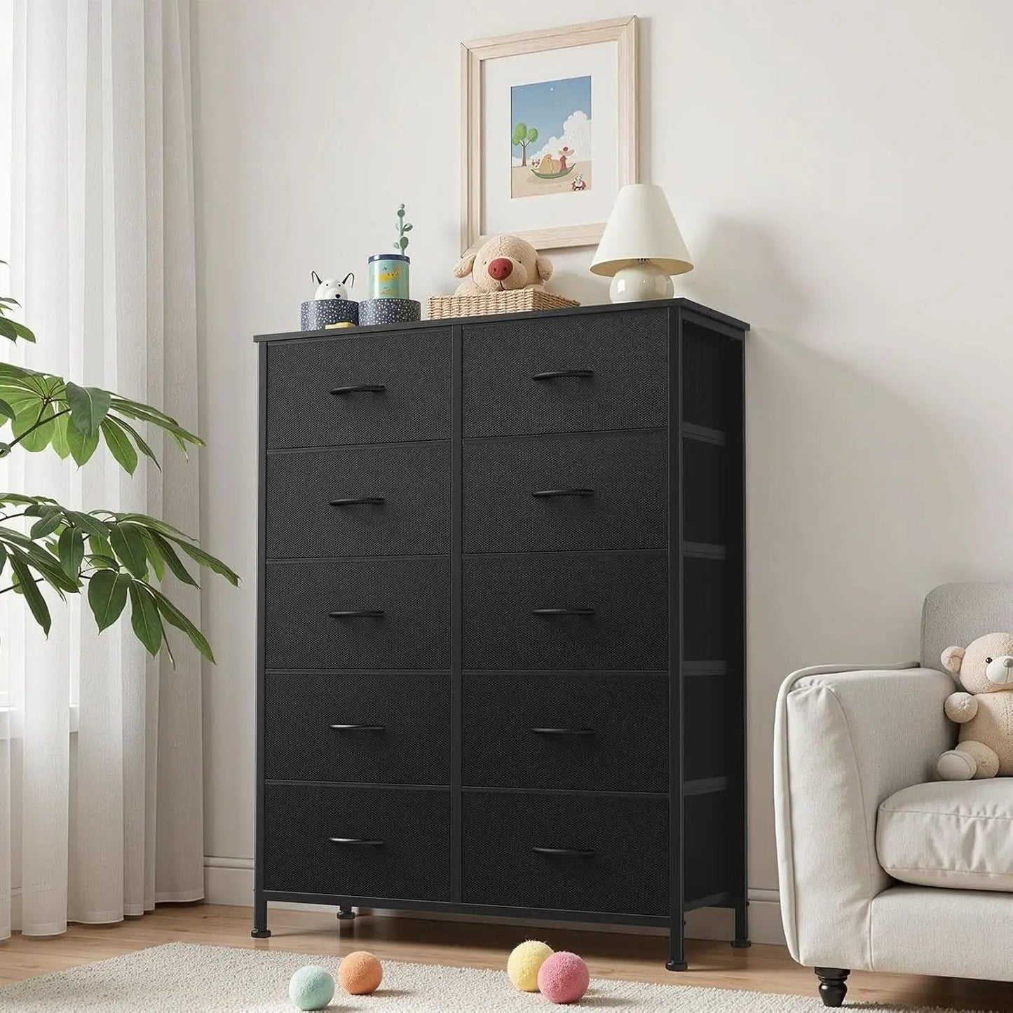10 Drawer Dresser With Black Premium Fabric Finish And Durable Metal Frame For Bedroom Storage And Organization from PriceLows™