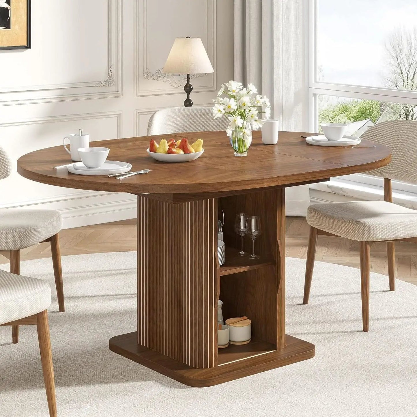 Extendable Round Dining Table 59 Inch Walnut Modern from PriceLows™