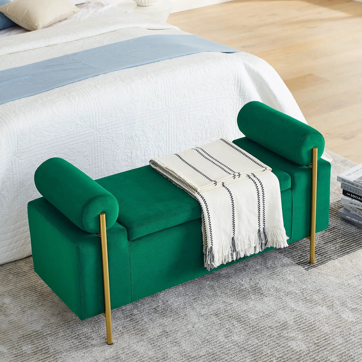 Upholstered Storage Bench | Cylindrical Arms | Iron Legs