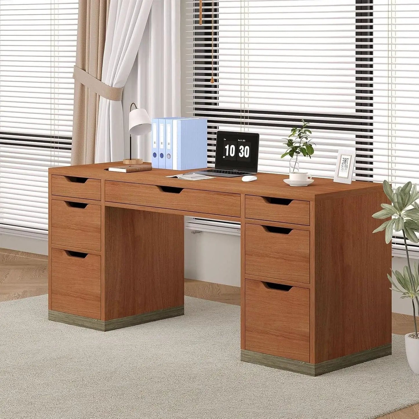 54 Inch Walnut Finish Executive Desk With Seven Drawers from PriceLows™