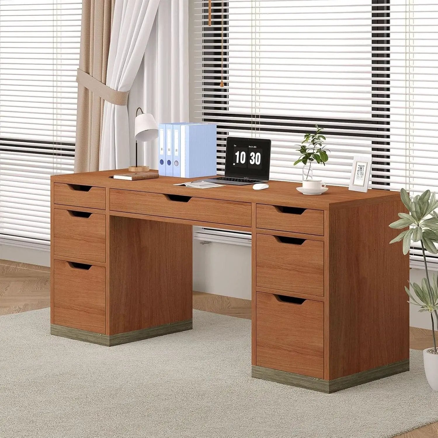 54 Inch Walnut Finish Executive Desk With Seven Drawers from PriceLows™