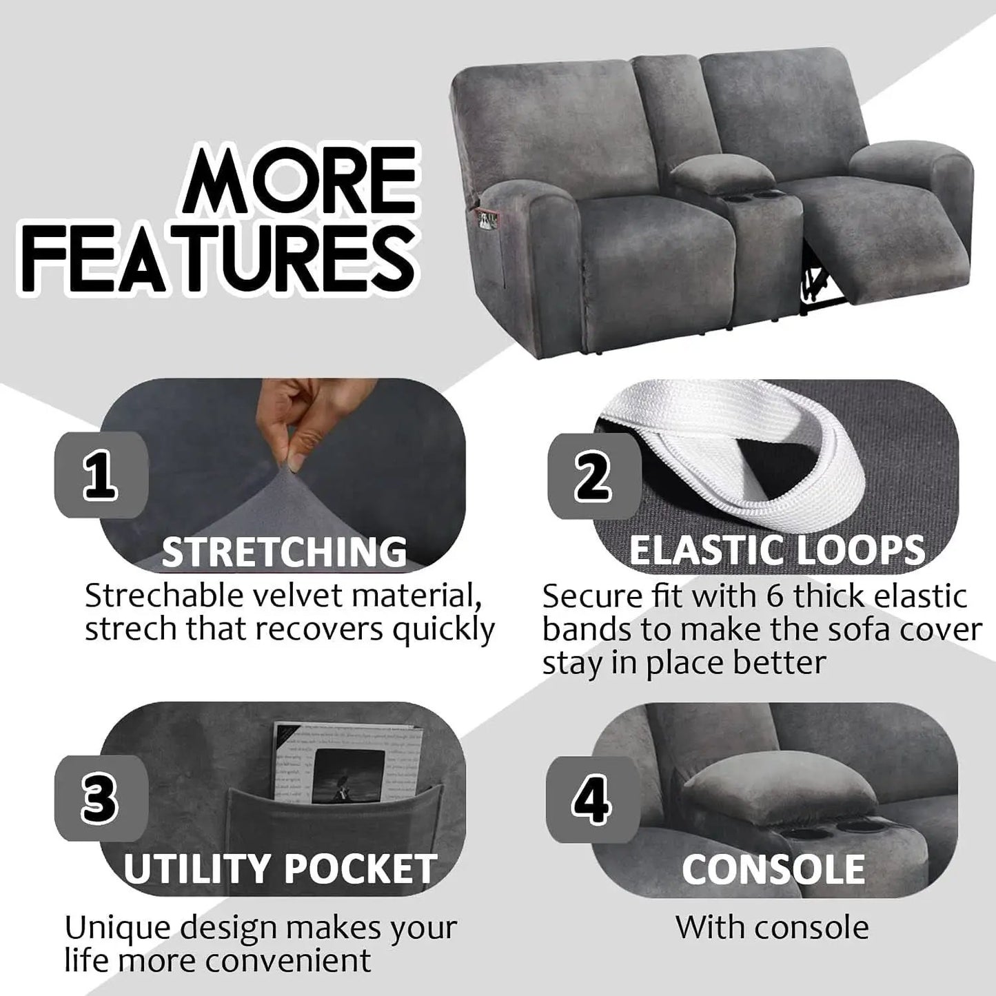 Dark Grey Velvet 8 Piece Reclining Loveseat Slipcover from PriceLows™