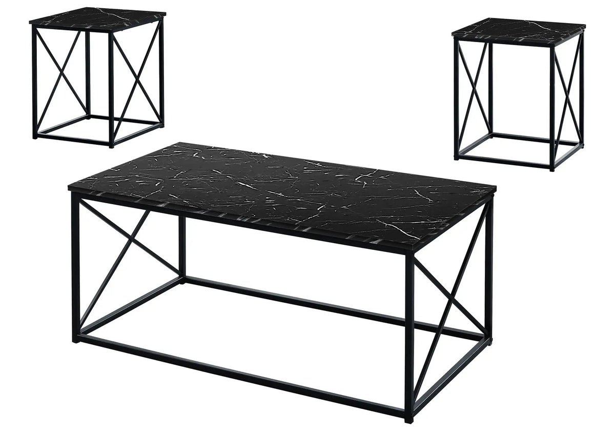 Marble Look Coffee Table Set | Set Of 3 | Metal X Design Frame | Contemporary Modern Style
