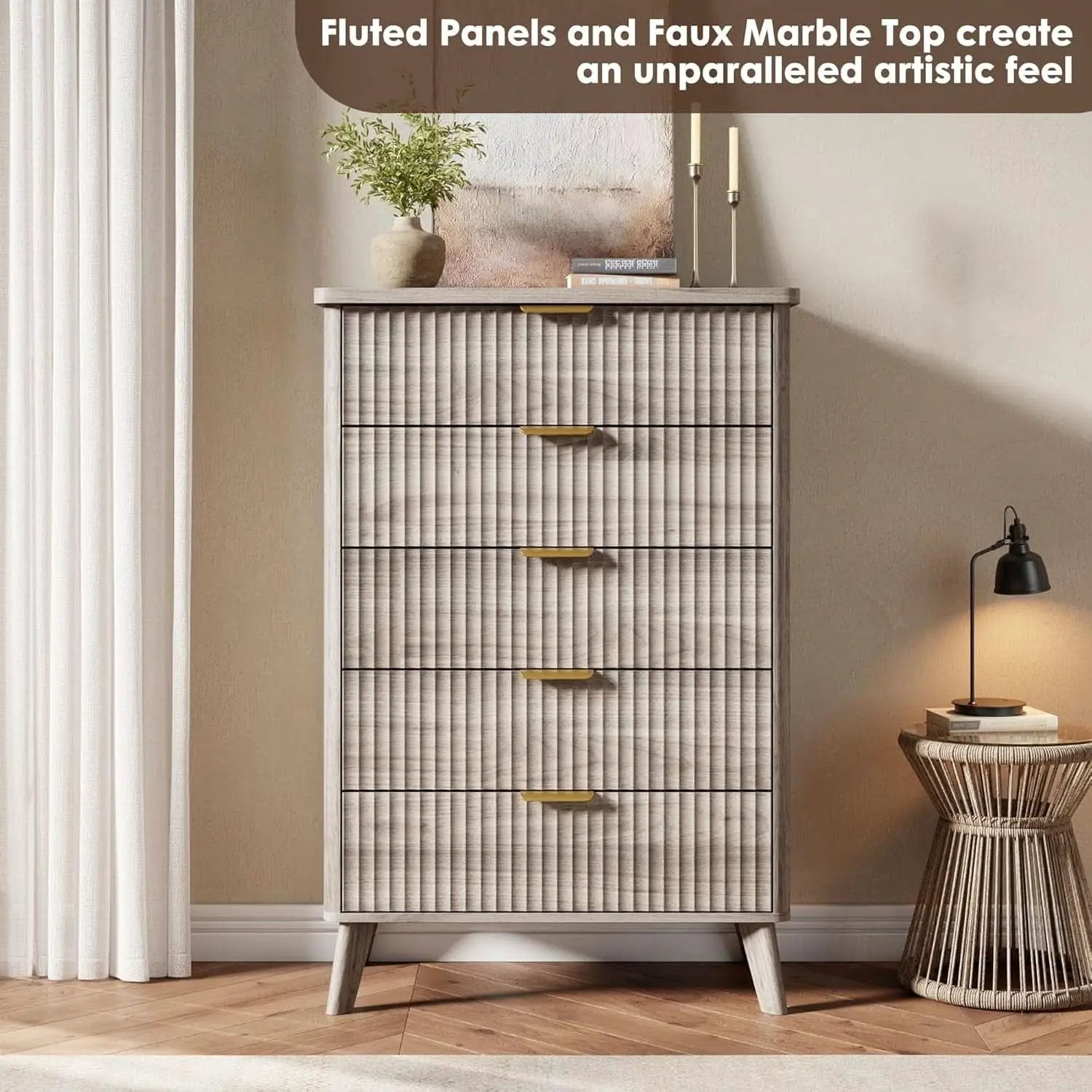 Grey Fluted Contemporary Five Drawer Bedroom Dresser from PriceLows™