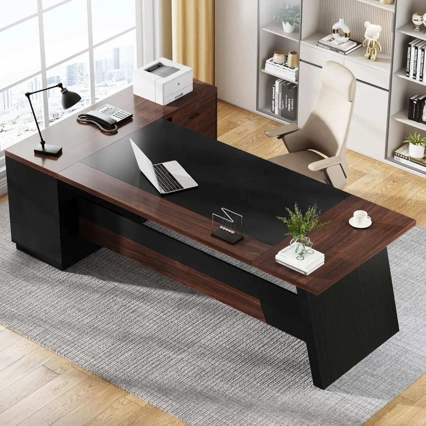 78 Inch L Shaped Executive Desk Walnut Black For Home Office from PriceLows™