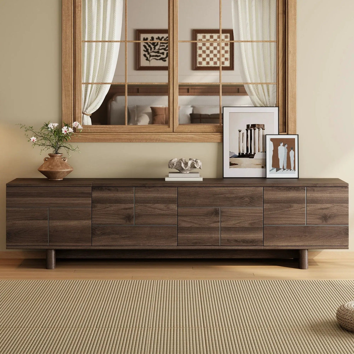 85 Inch TV Stand | Push Openers | Cable Management | Solid Pine Wood Legs