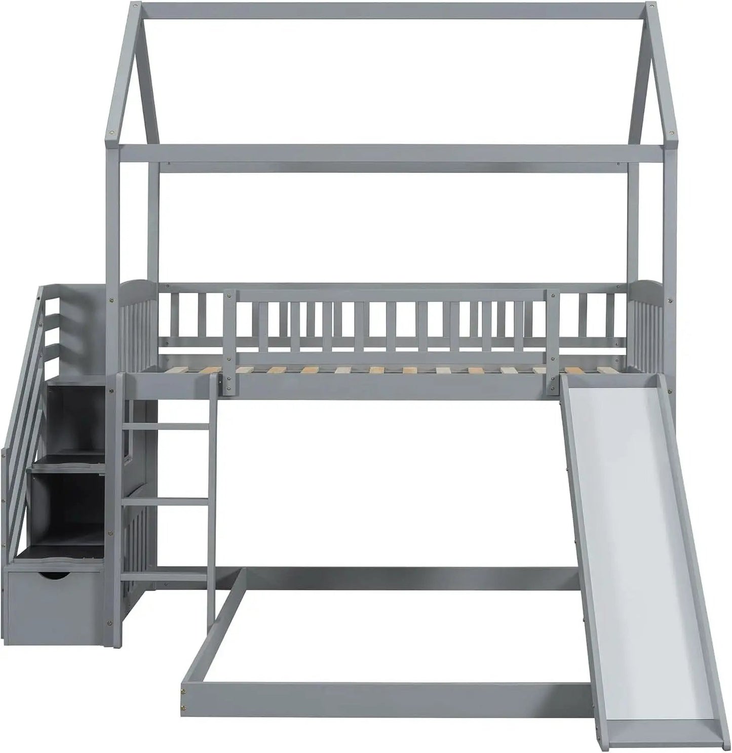 Gray Twin Loft Bunk Bed With Slide And Stairs Storage from PriceLows™