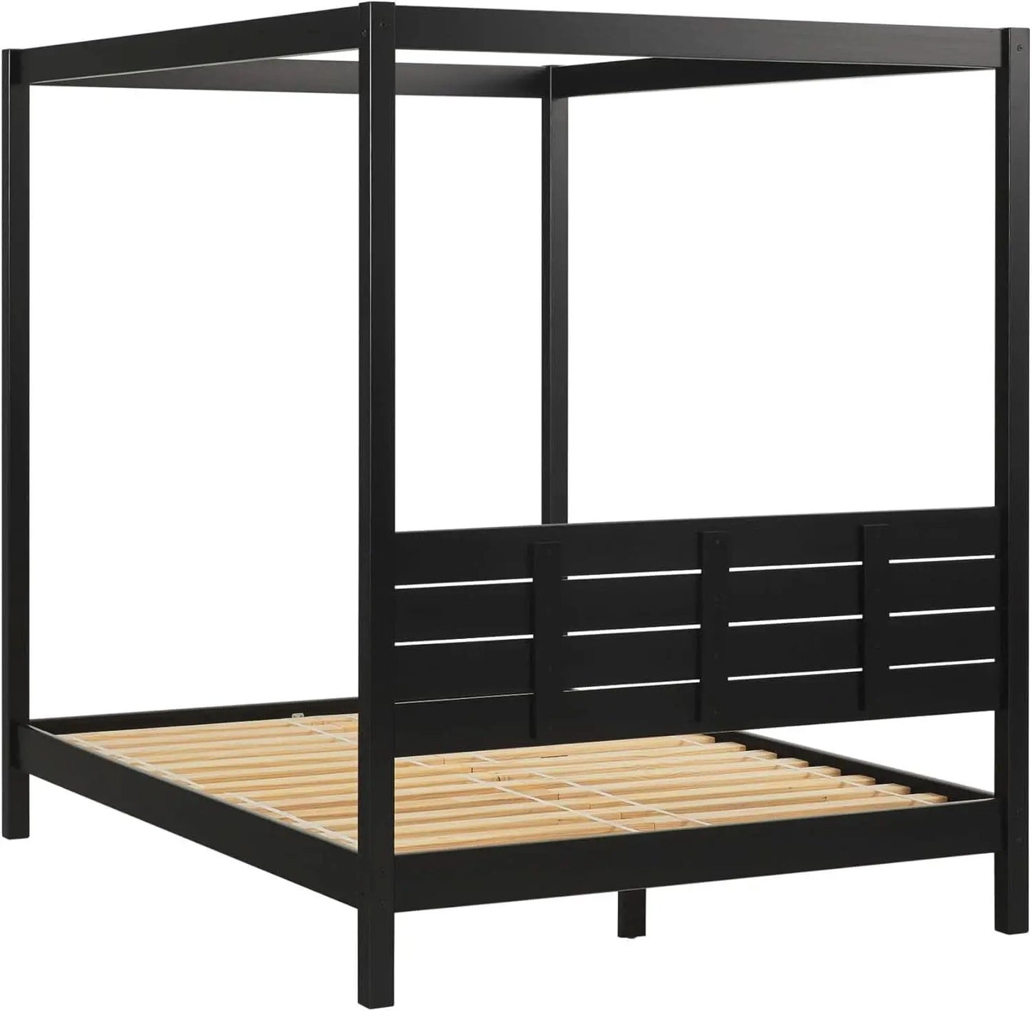Modern Black Queen Canopy Bedframe with Slatted Headboard from PriceLows™