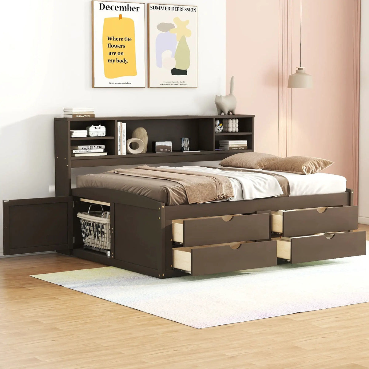 Daybed With Storage | 2 Bedside Cabinets | Upper Shelves | 4 Drawers
