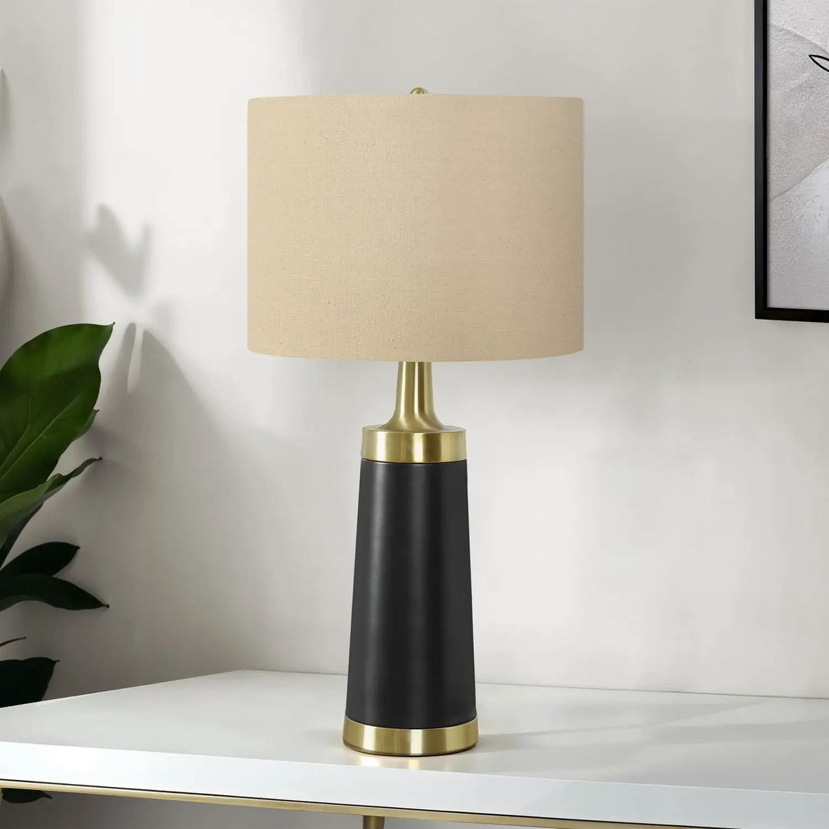 Black And Cream Table Lamp | Black Metal Base With Gold Accents | 27.5 Inch Height | Beige Linen Shade