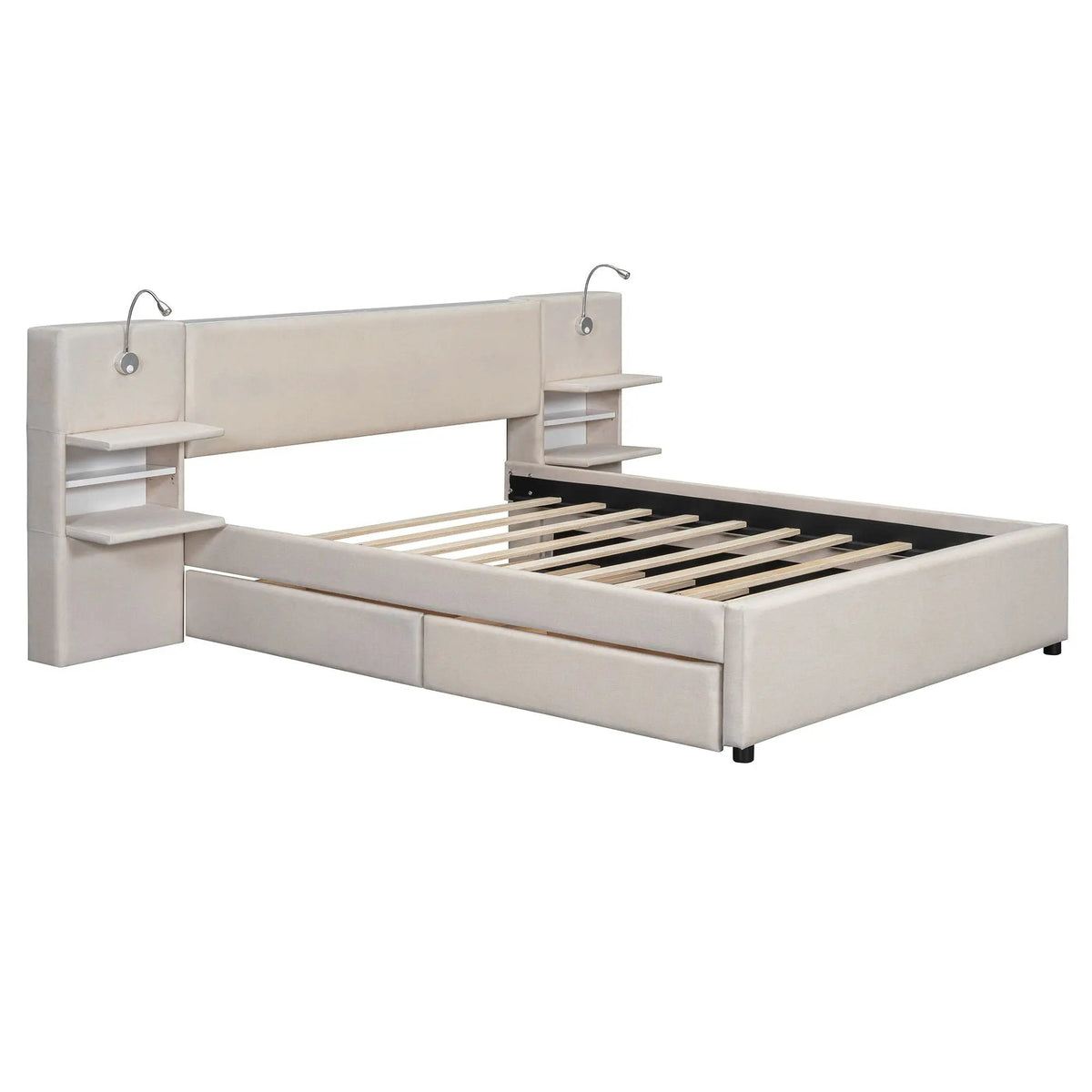 Upholstered Platform Bed | Reading Lights | Drawers And Trundle | Storage Shelves