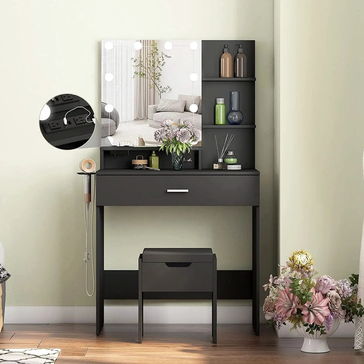 Black Makeup Vanity Table With Lighted Mirror And USB Ports from PriceLows™