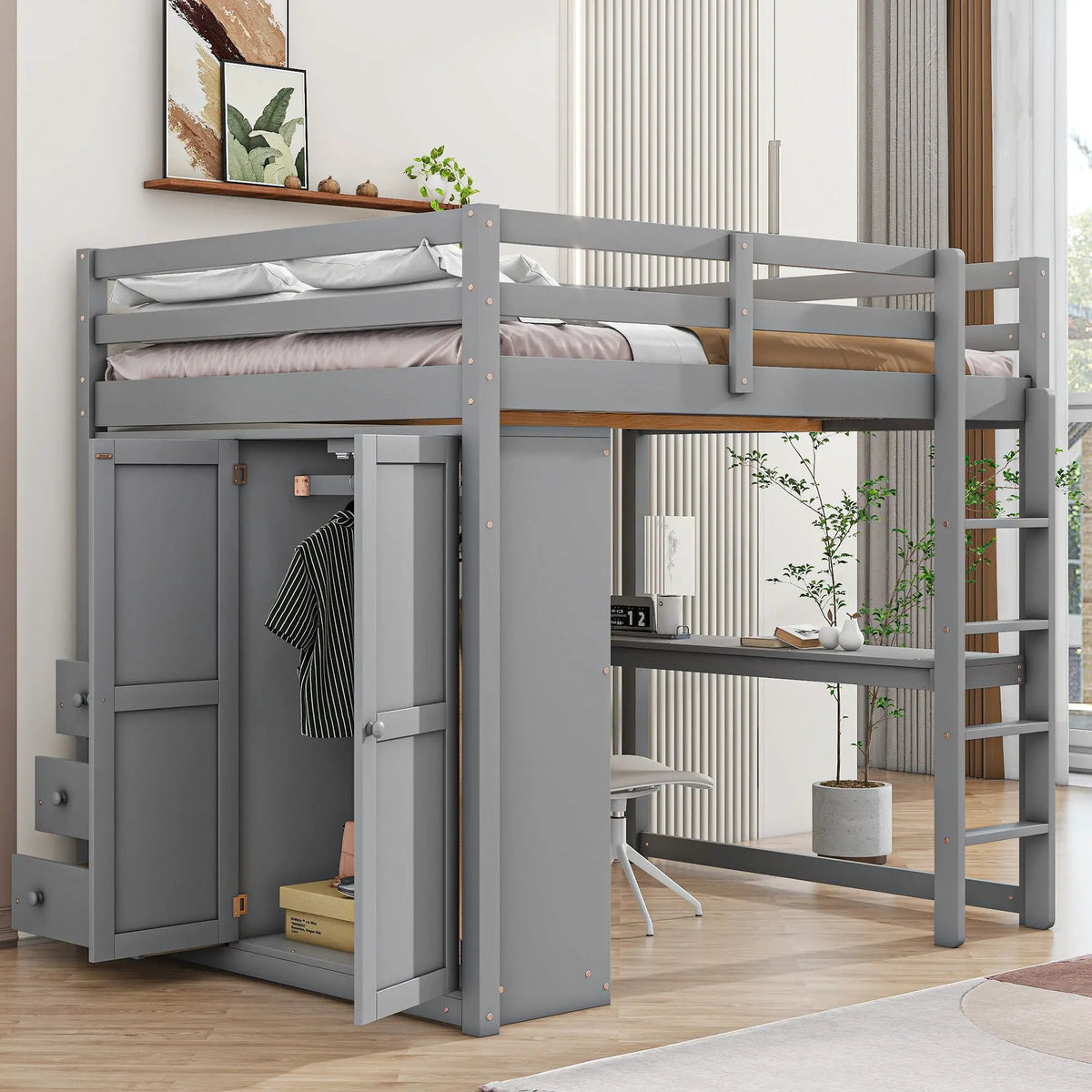 Loft Bed With Wardrobe | Built-In Desk | Two-Tier Shelves | Three Large Drawers