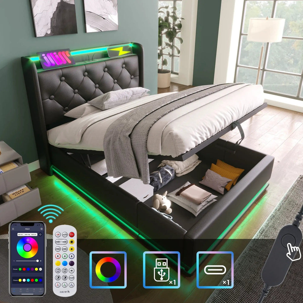Upholstered Bed, 360 Surround LED Function, Remote Control, Hydraulic Storage Bed | 8 Pieces | Fabric & Iron | Bedroom