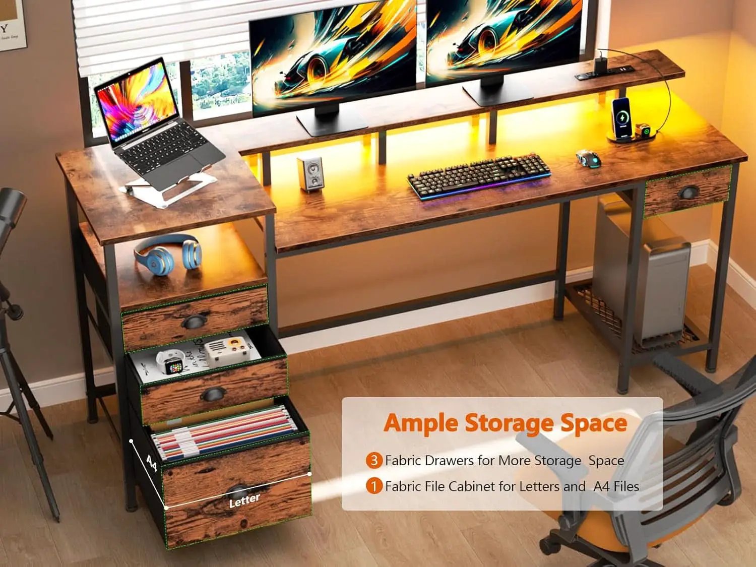 60 Inch Computer Desk With Storage Drawers And LED Lights from PriceLows™