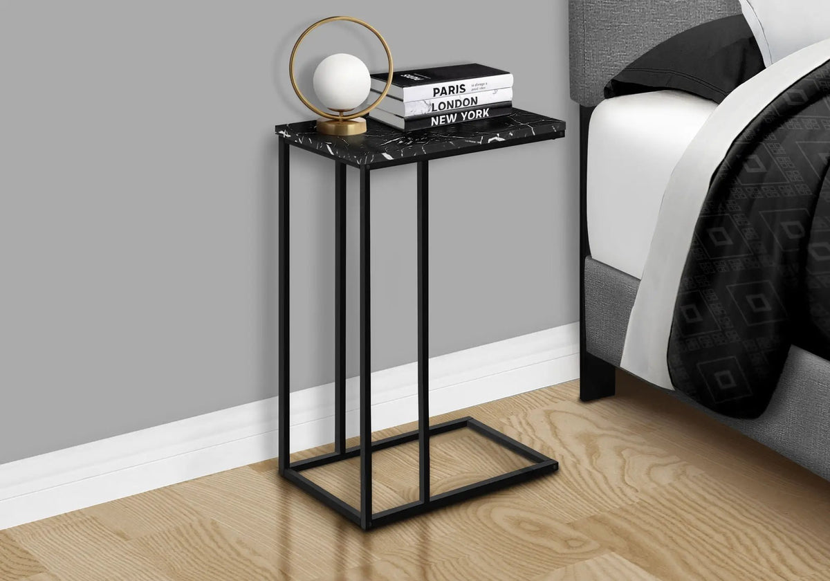 Black Marble Look C-Shaped Table | Slide Under Sofa Design | Solid Black Frame | Modern Style