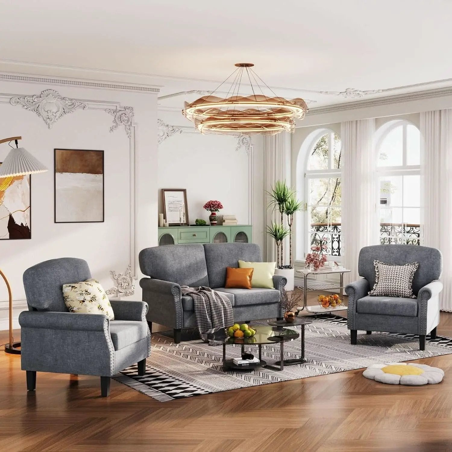 3 Piece Living Room Furniture Set Grey Linen Fabric Loveseat And Two Accent Chairs from PriceLows™